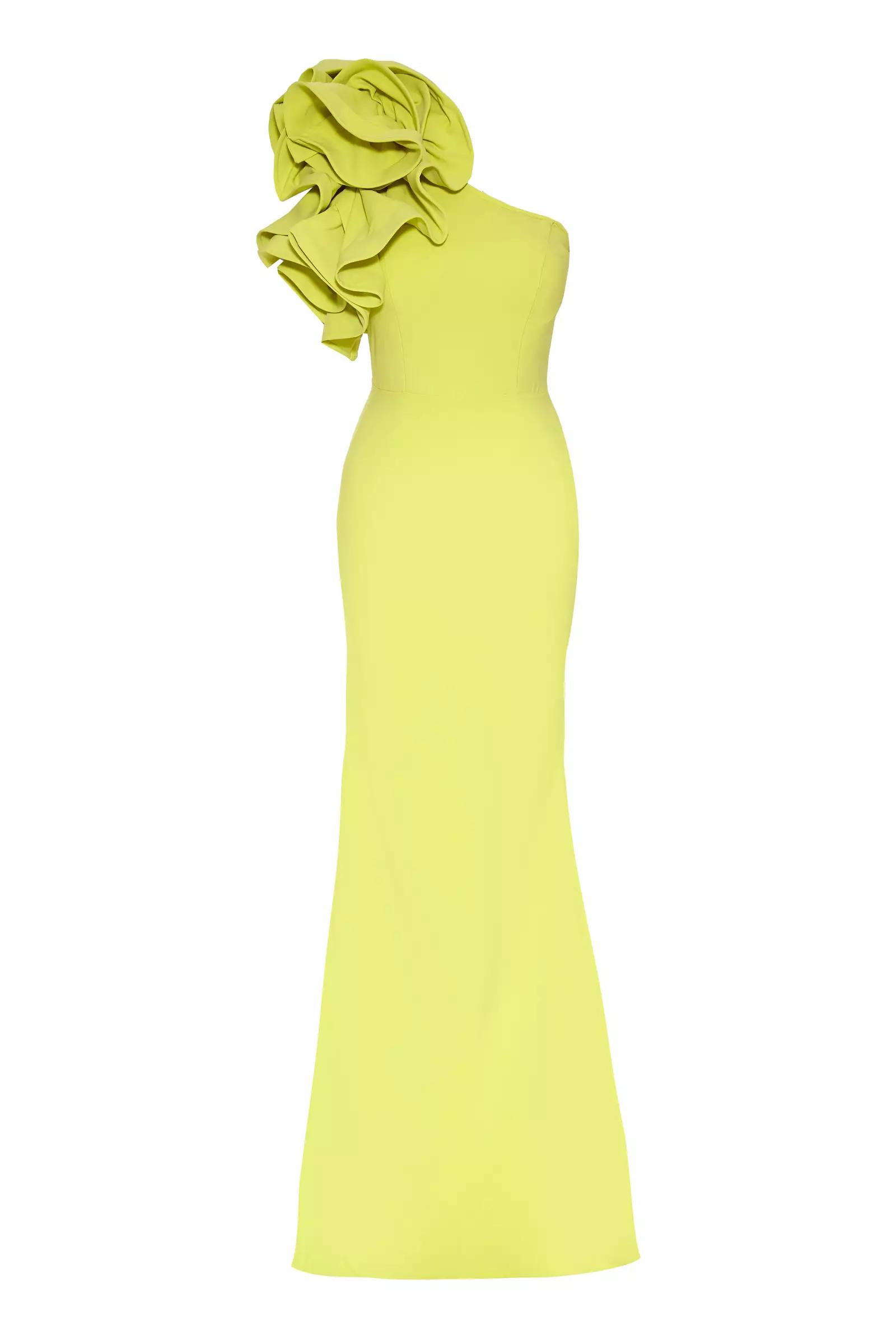 Peanut Green Crepe One Arm Maxi Dress