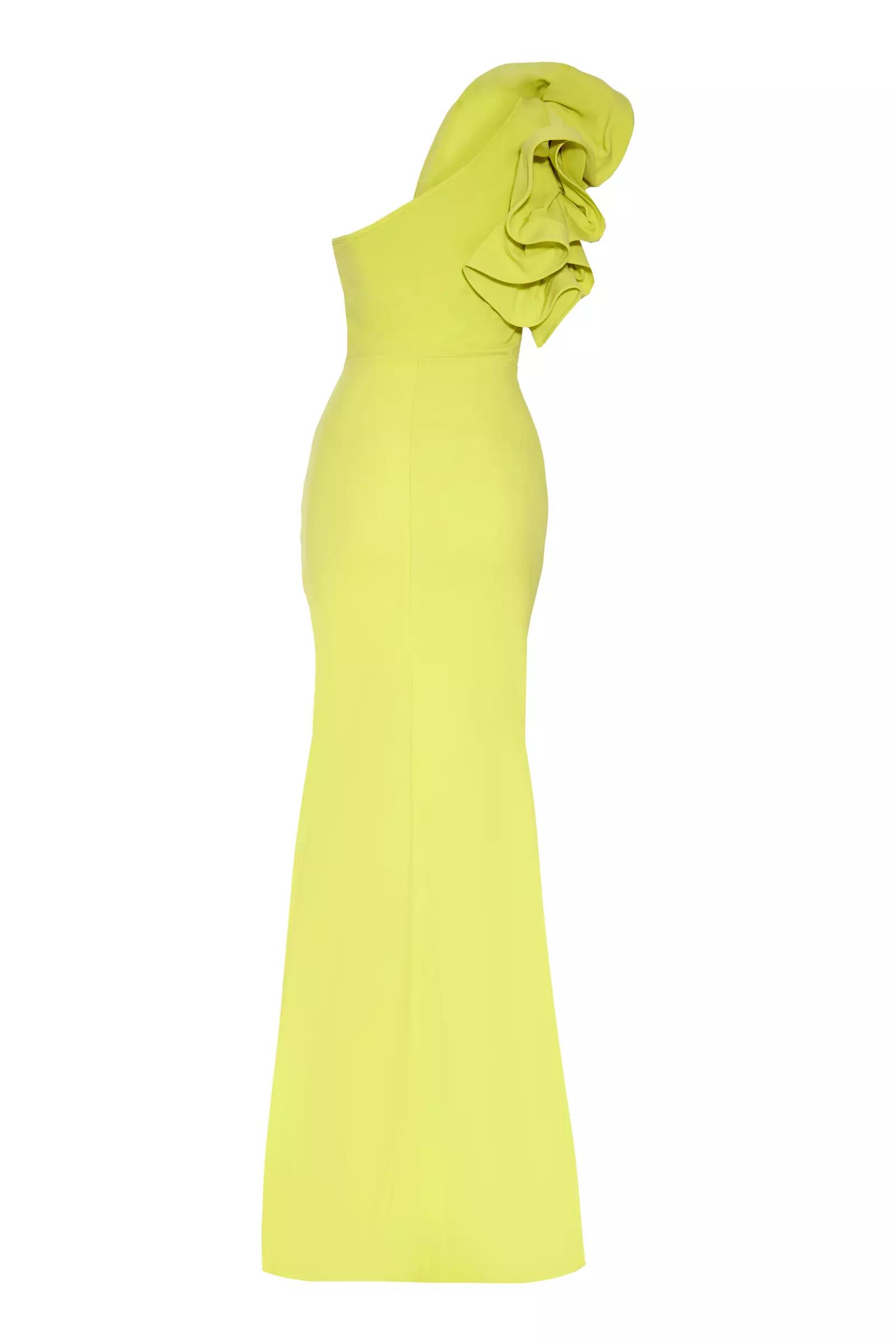 Peanut Green Crepe One Arm Maxi Dress