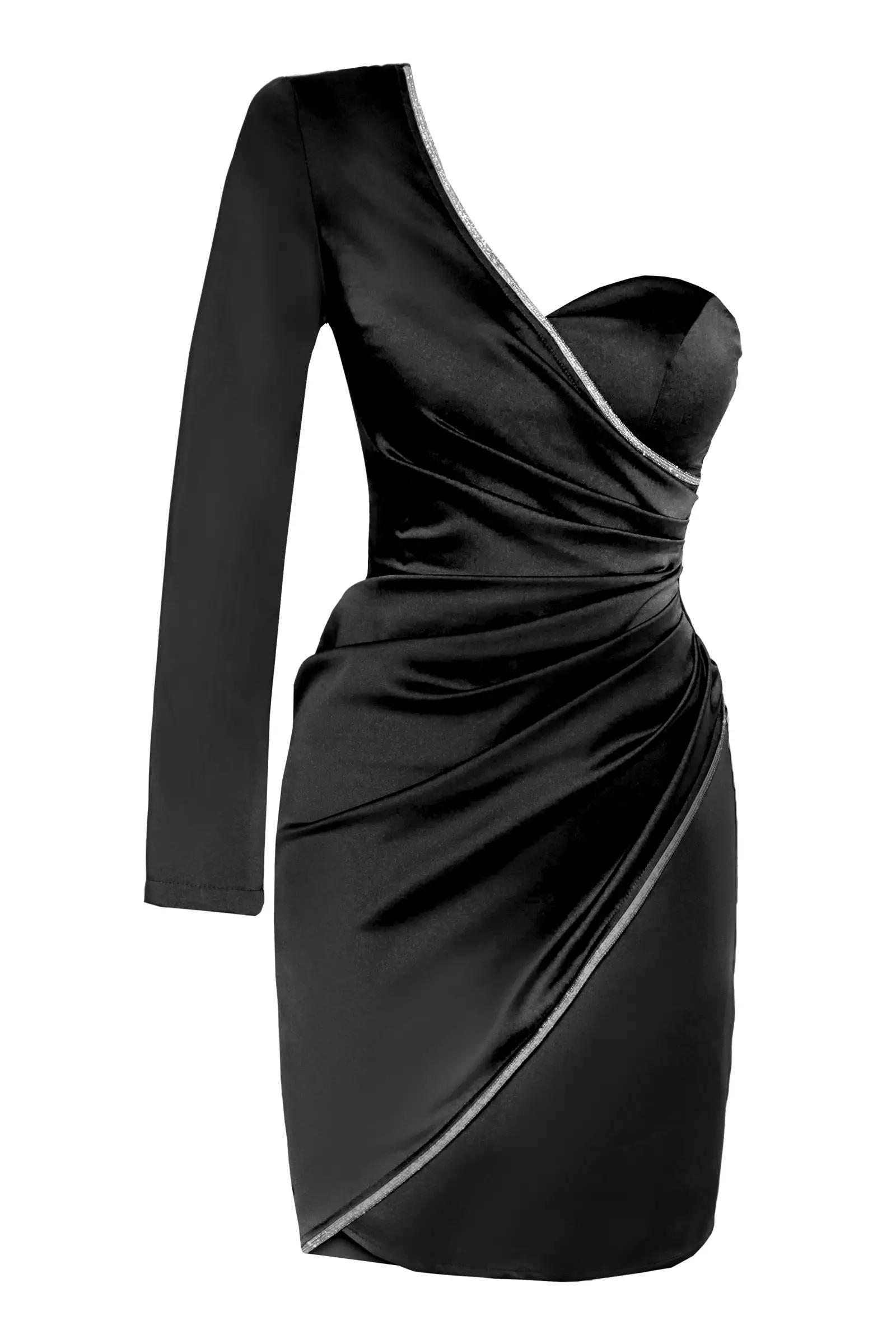 Black satin one arm mini dress