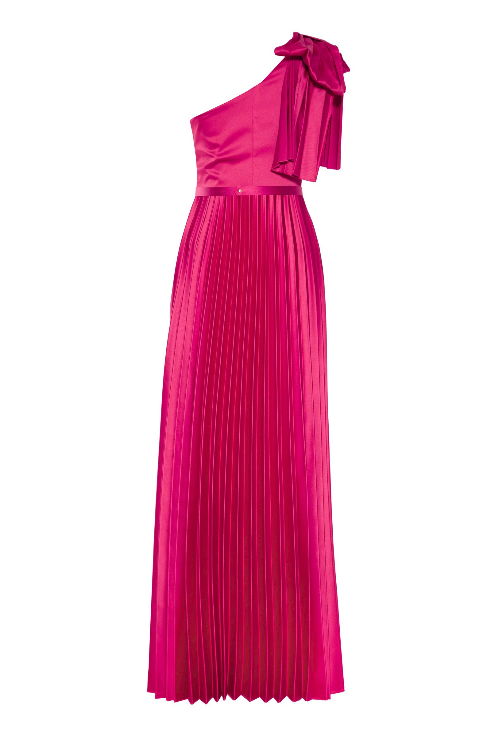 Fuchsia satin one arm long dress