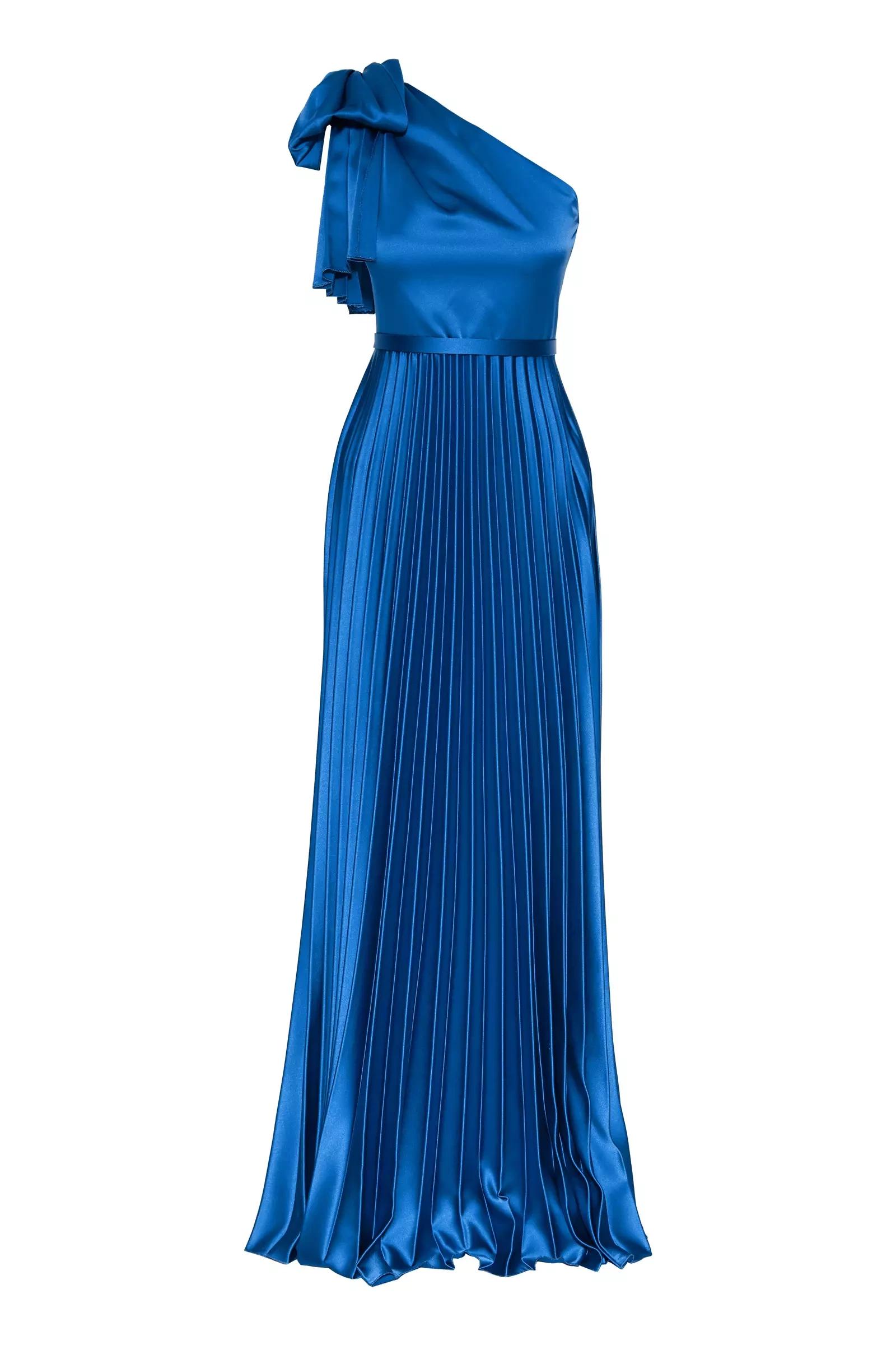 Blue satin one arm long dress