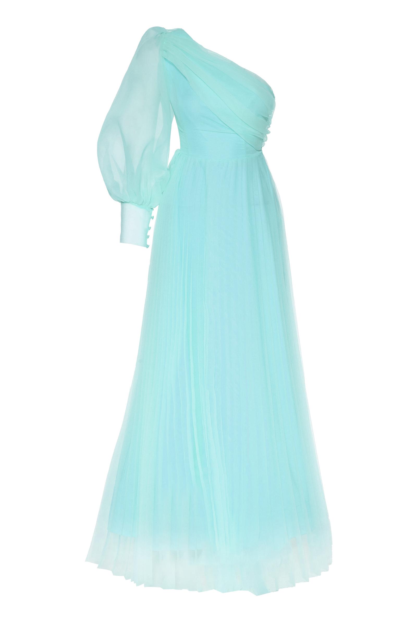 Water Green Plus Size Tulle One Arm Uzun Dress