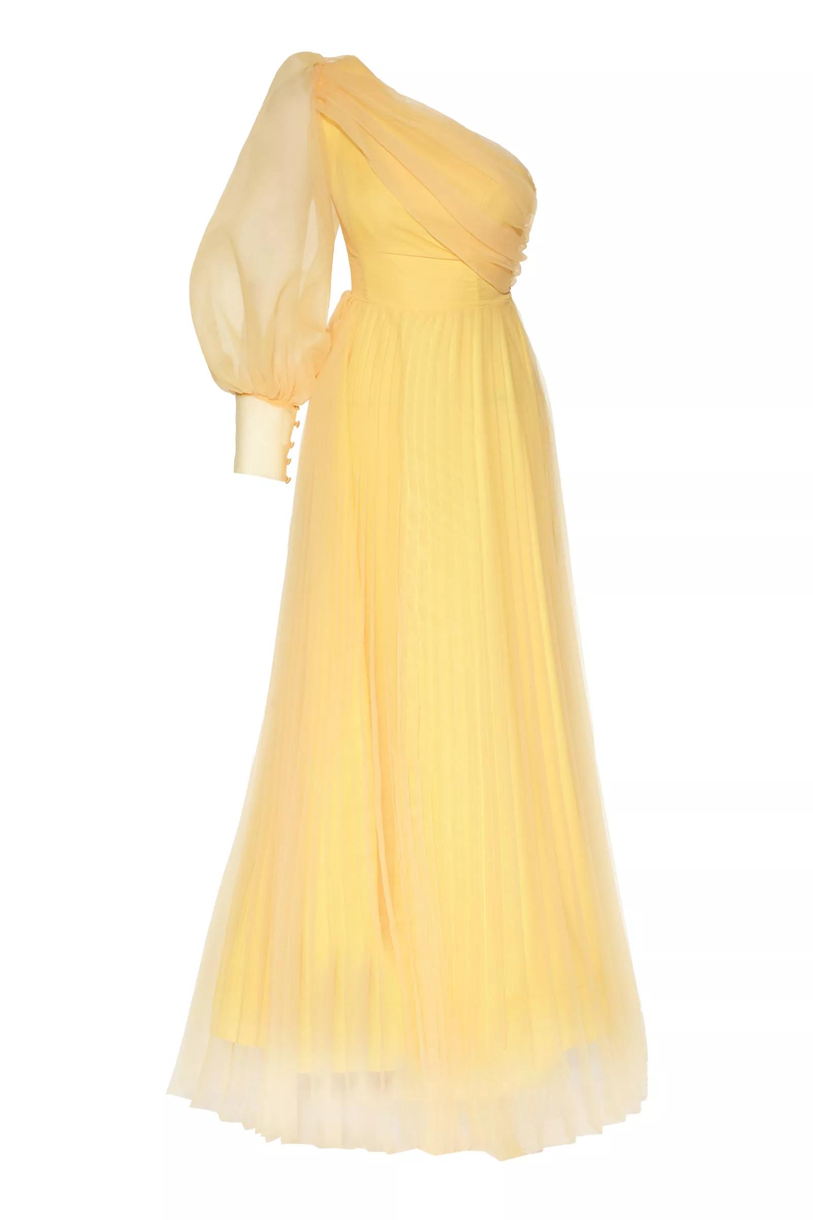 Yellow Plus Size Tulle One Arm Uzun Dress