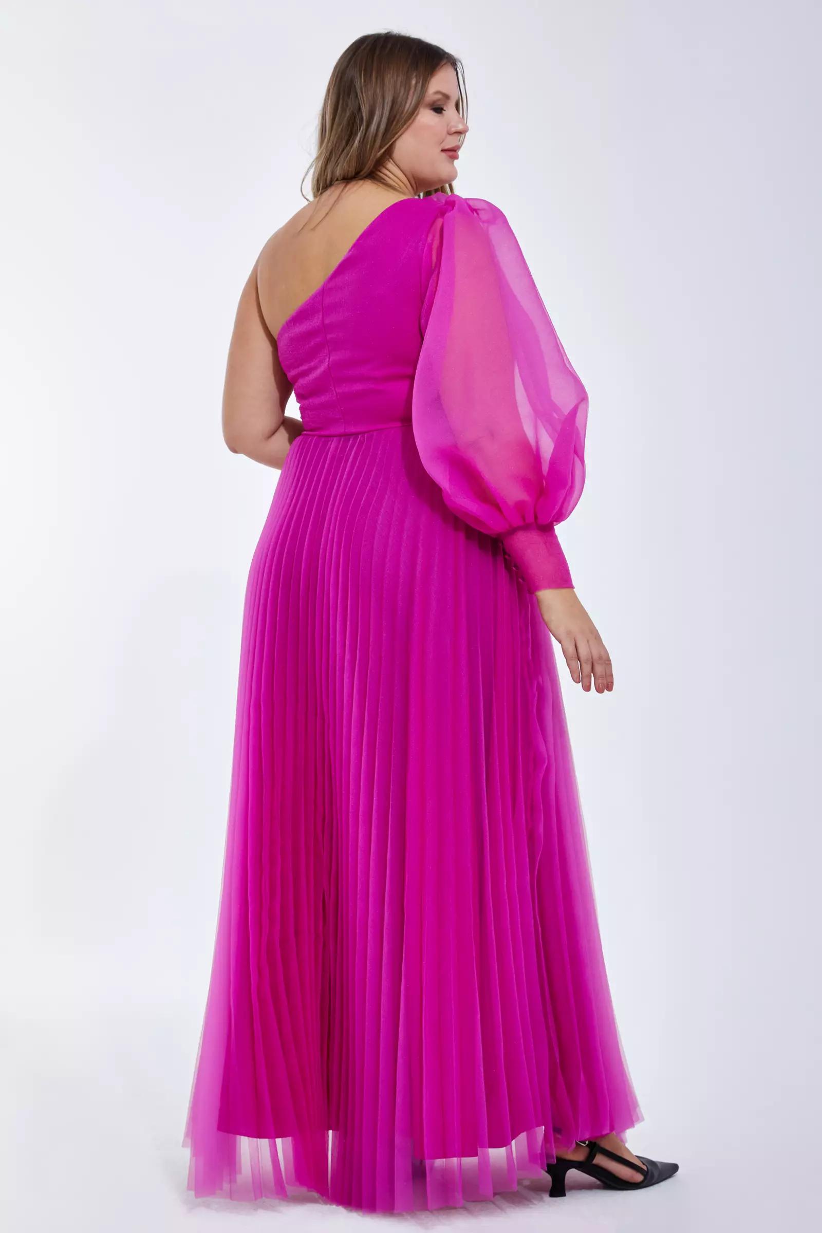 Fuchsia plus size tulle one arm long dress