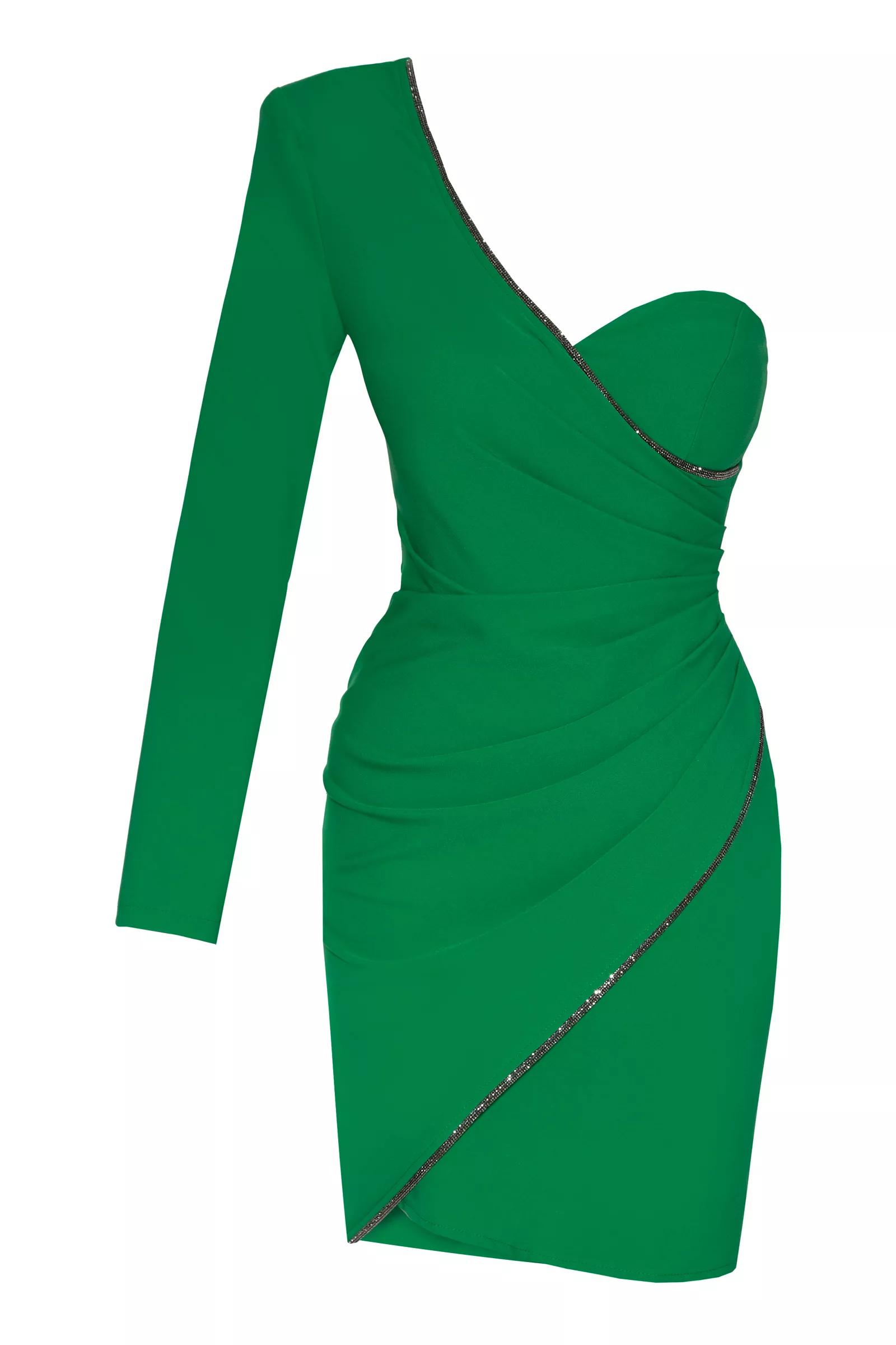 Green Crepe One Arm Mini Dress