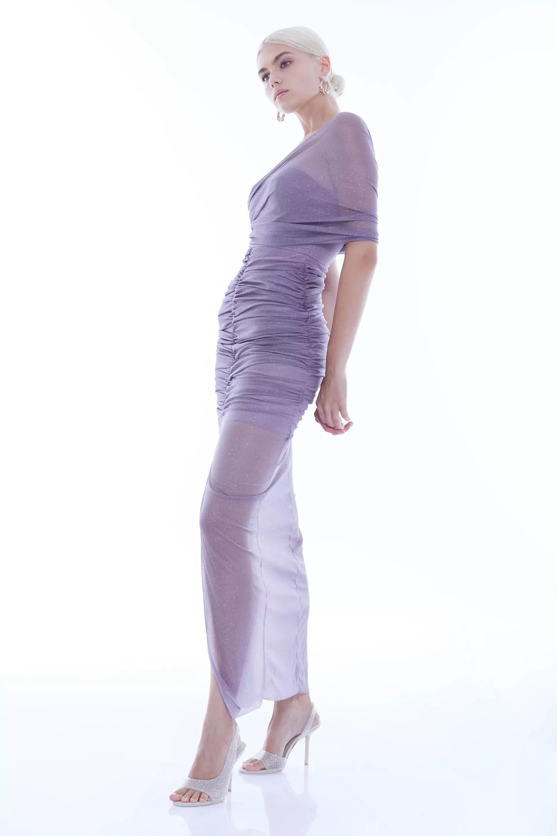 Lilac Tulle One Arm Maxi Dress