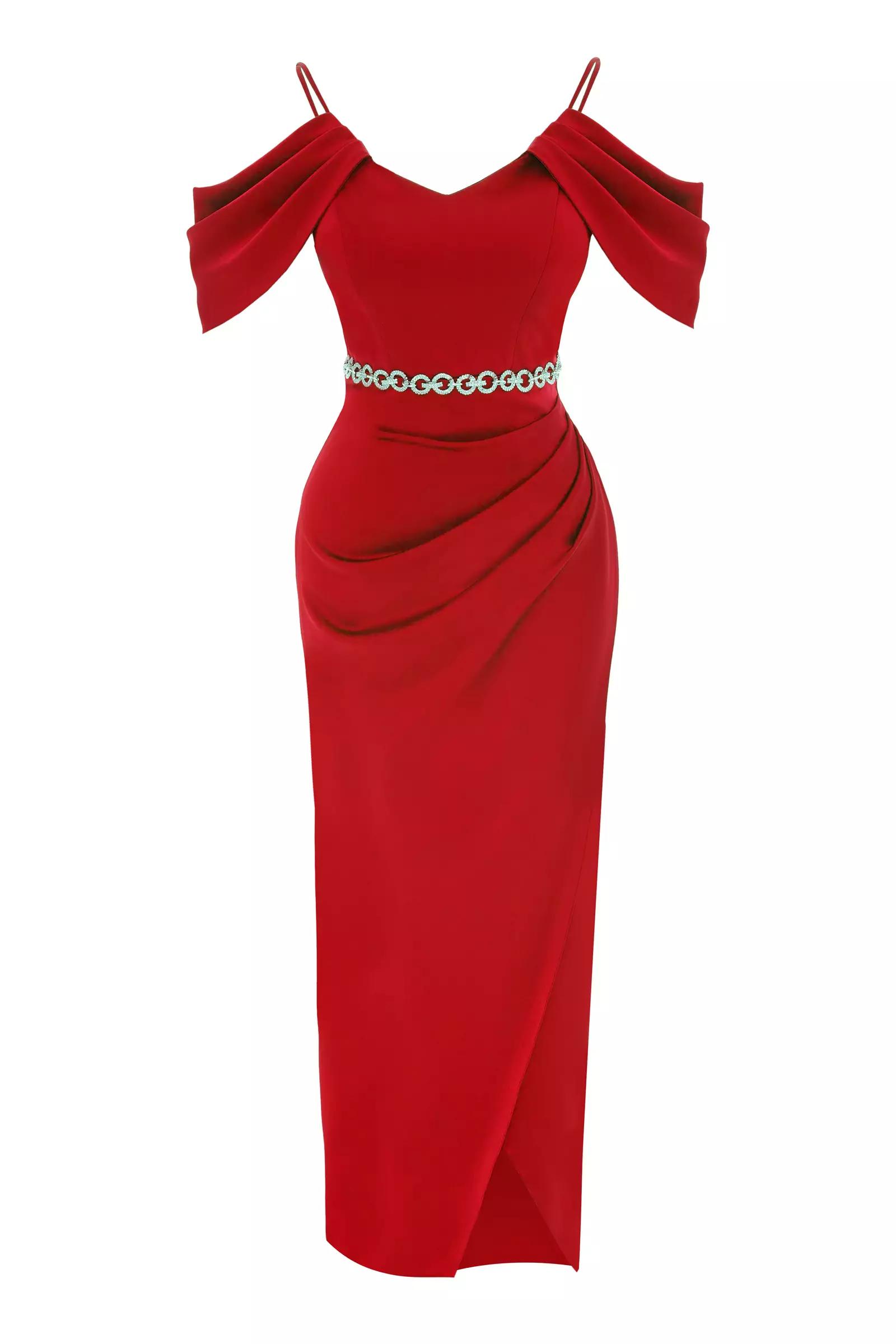 Red satin sleeveless maxi dress