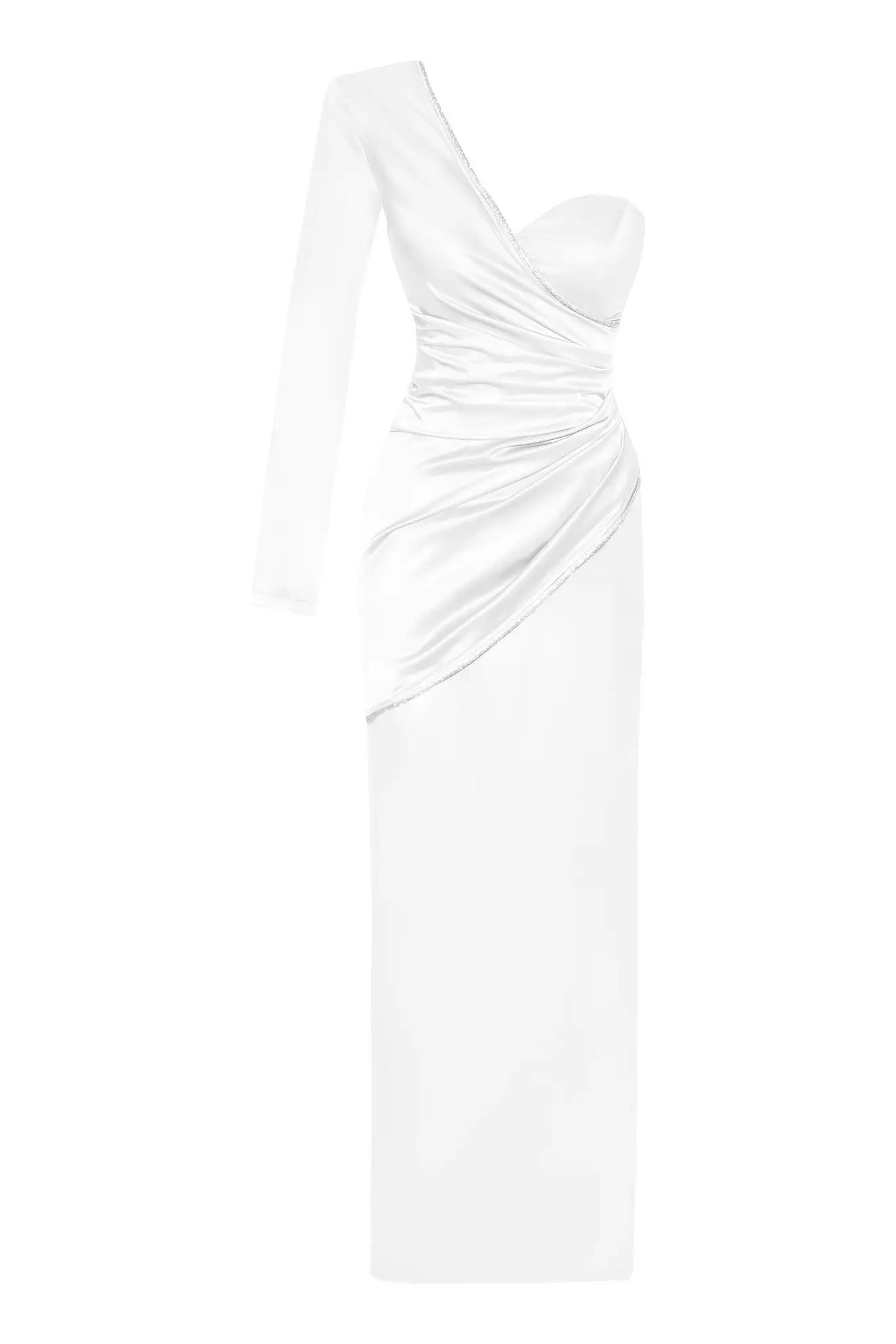 White satin one arm long dress