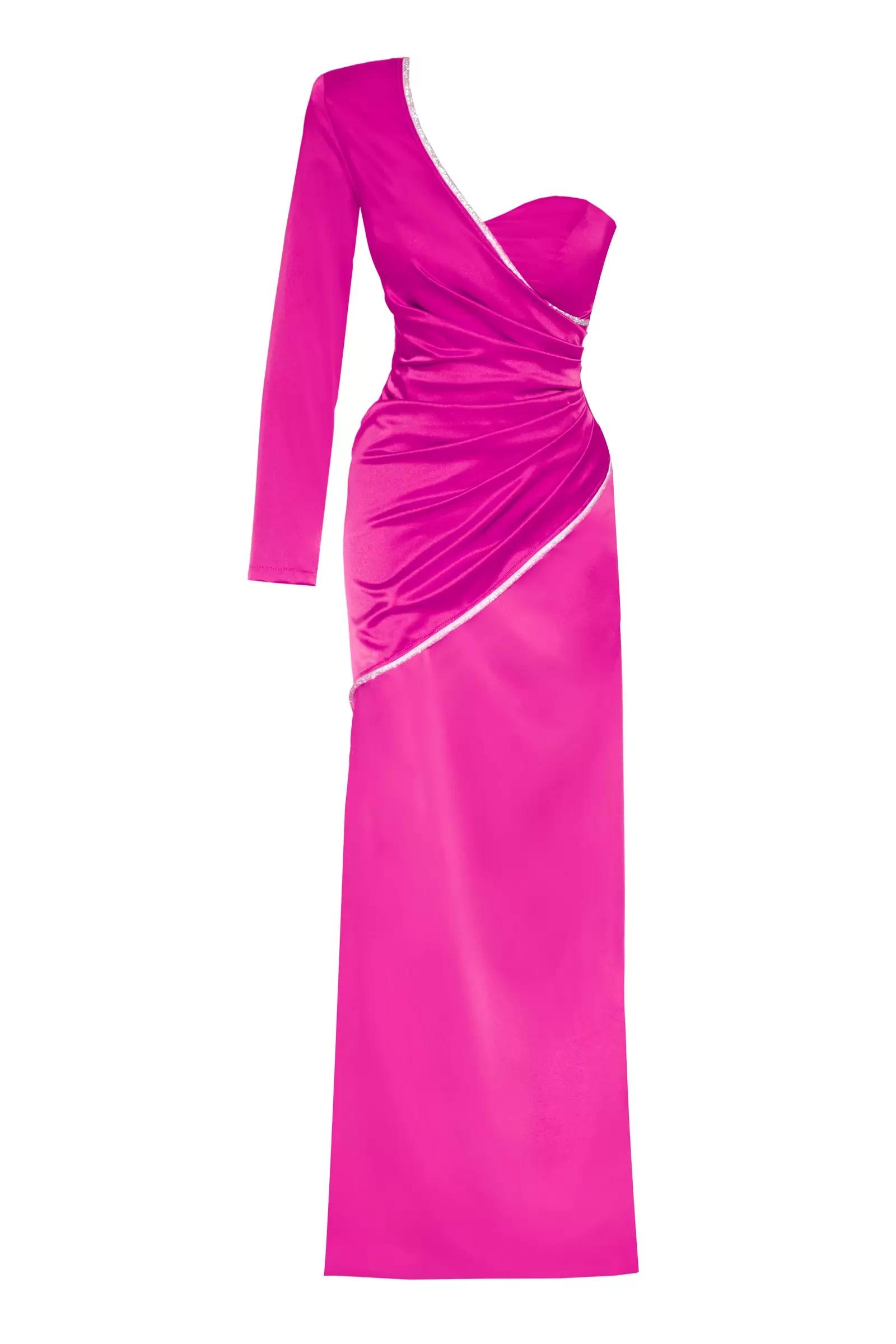 Fuchsia plus size satin one arm long dress