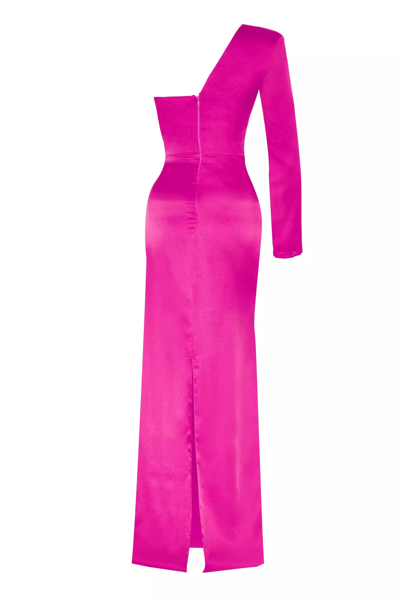 Fuchsia plus size satin one arm long dress