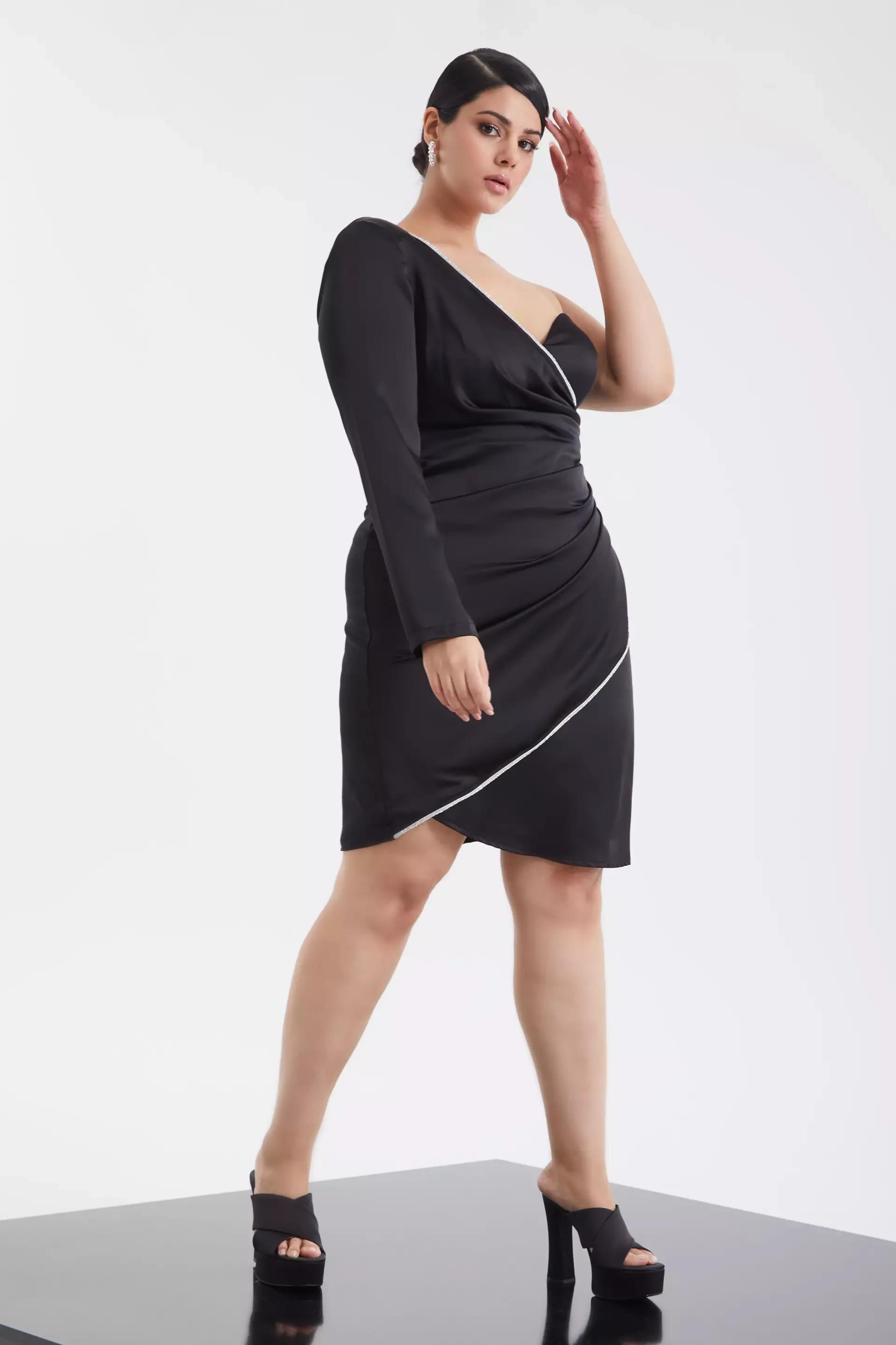 Black plus size satin one arm mini dress