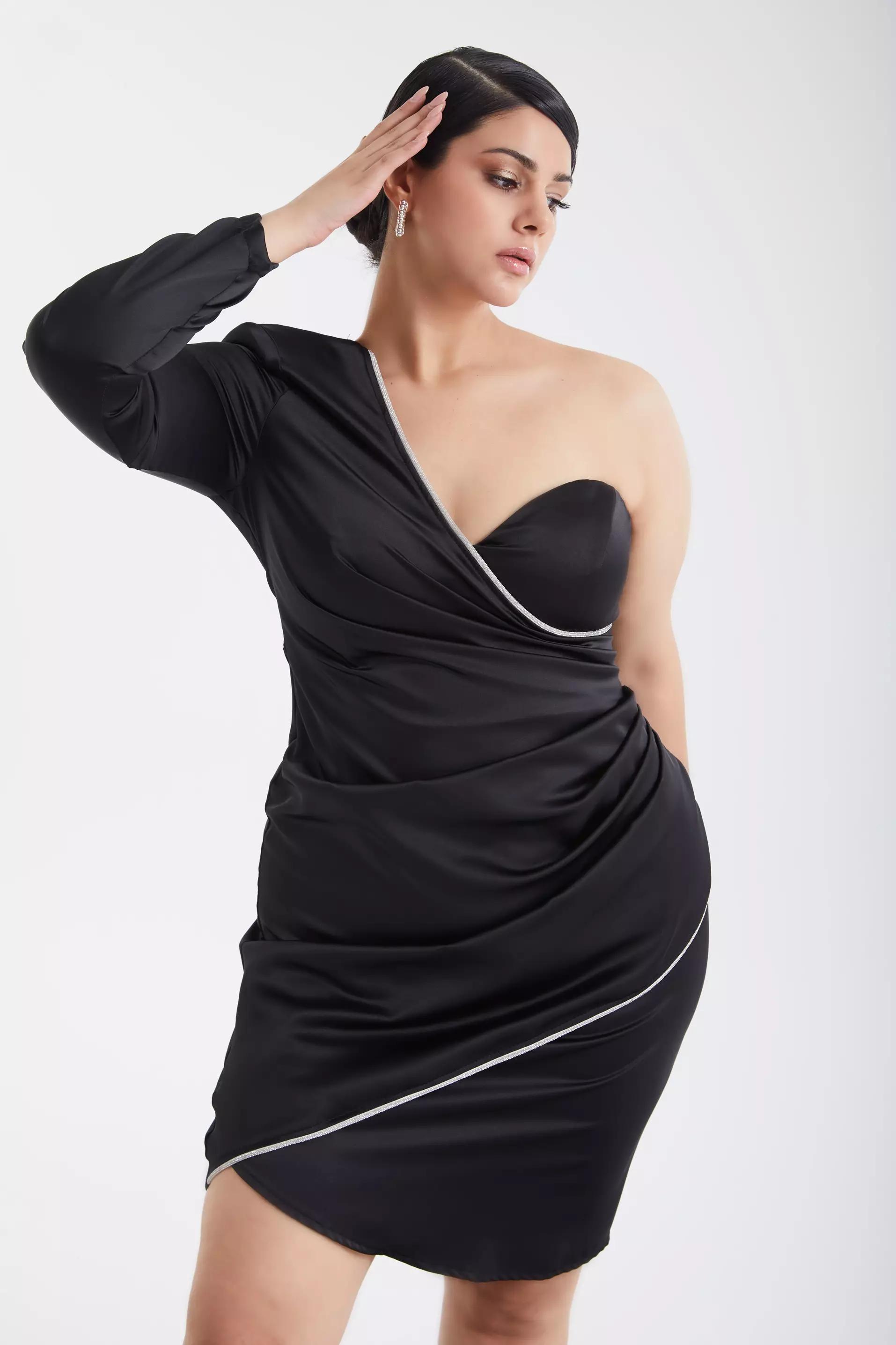 Black plus size satin one arm mini dress