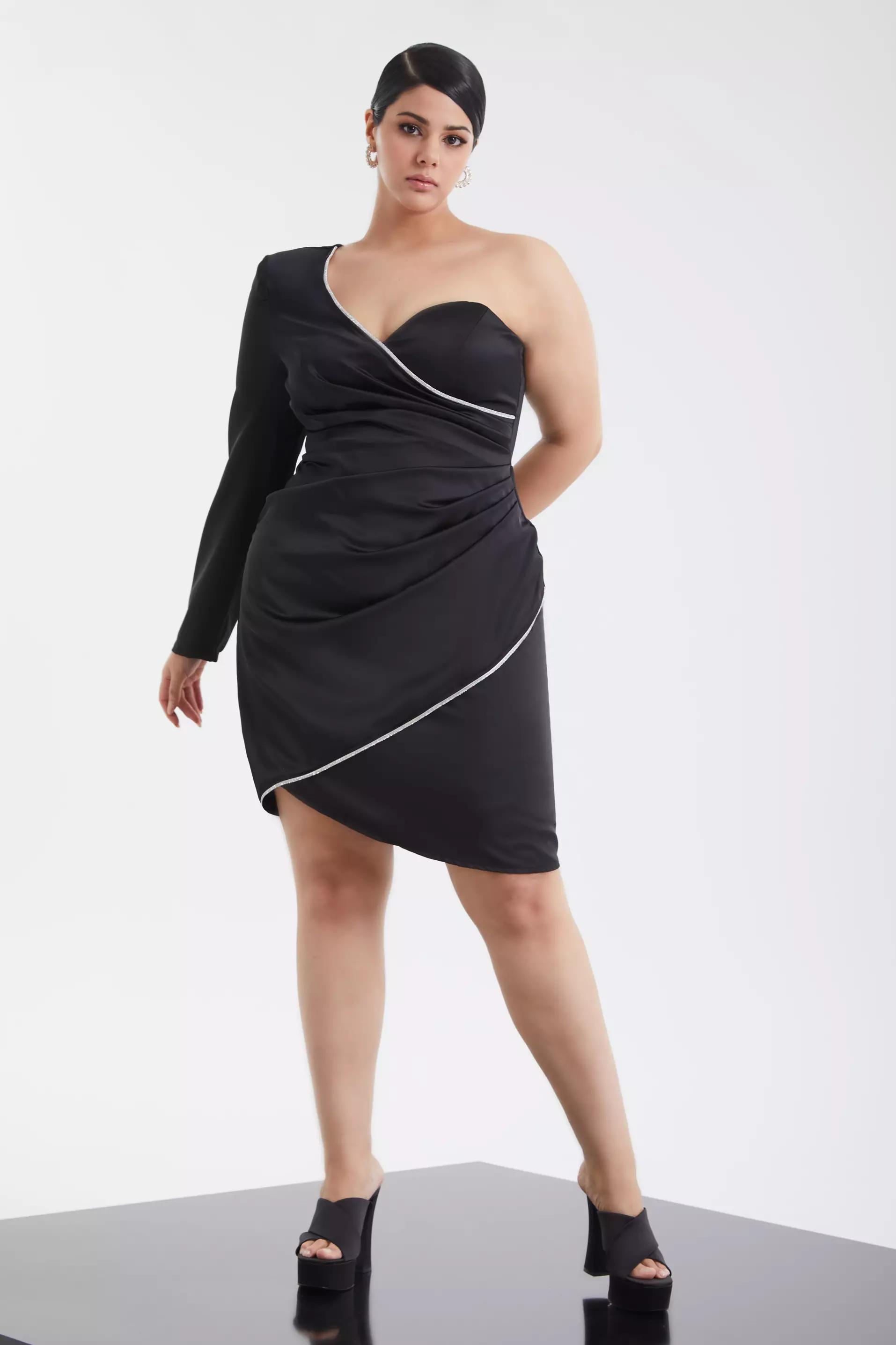 Black plus size satin one arm mini dress