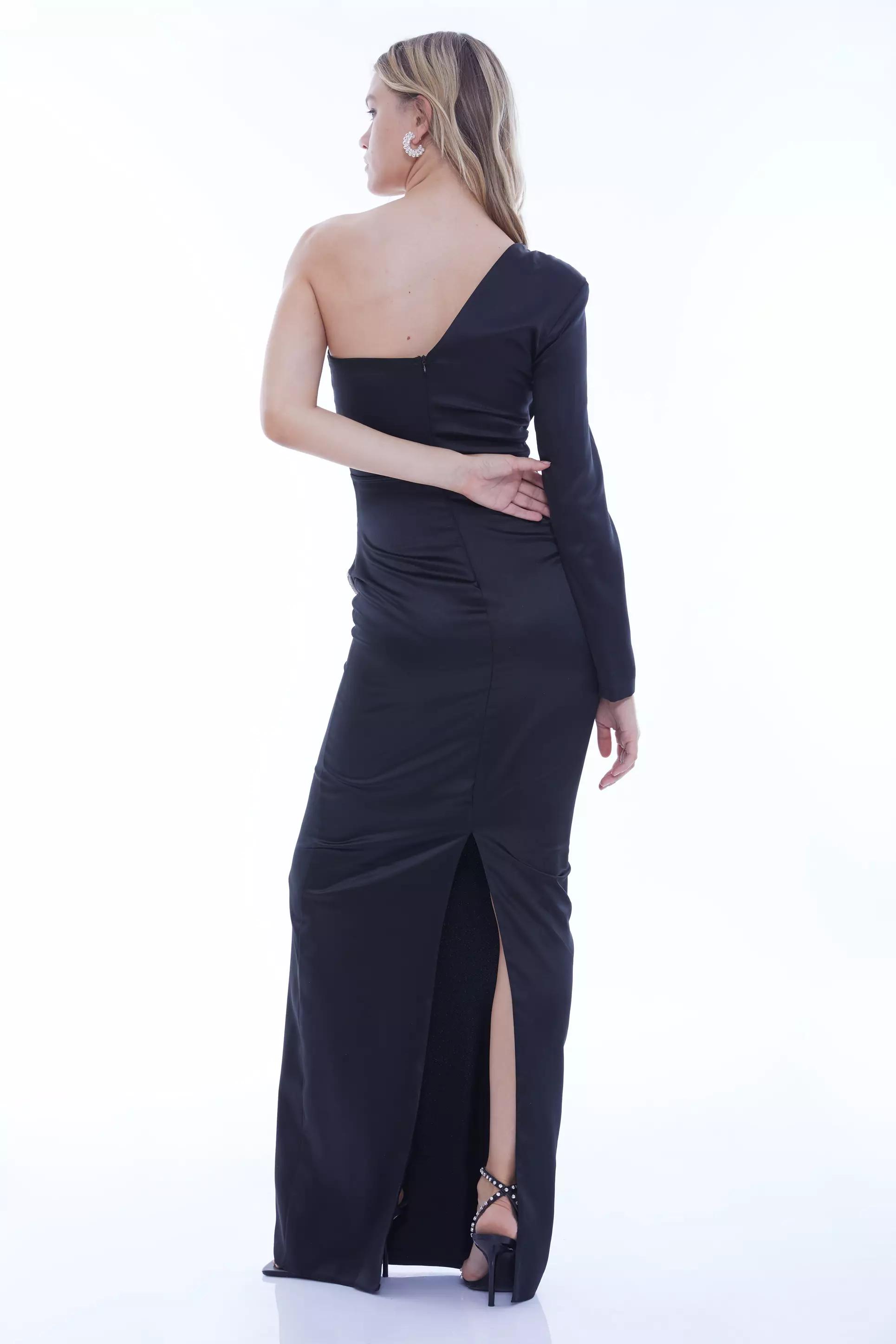 Black satin one arm long dress