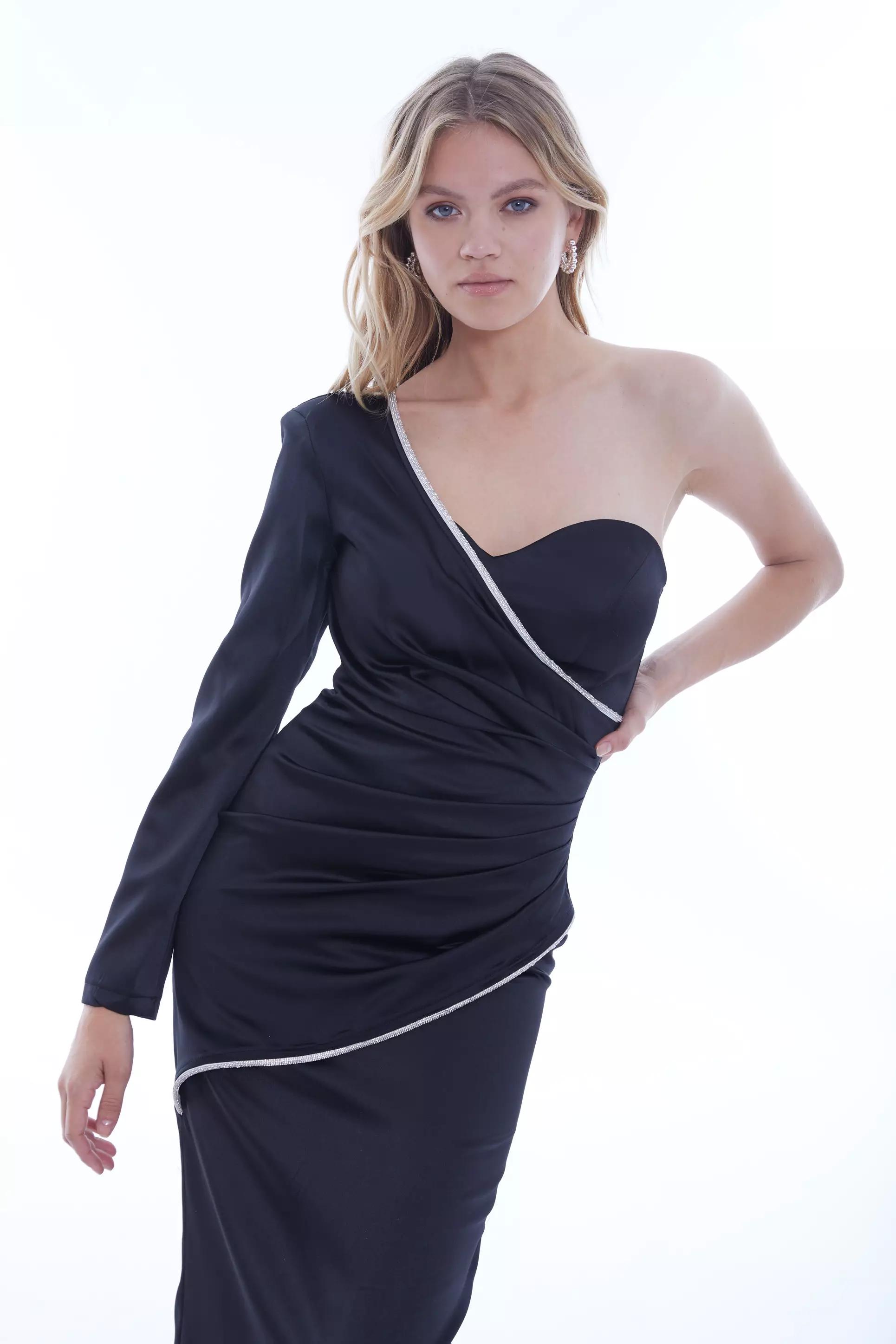 Black satin one arm long dress