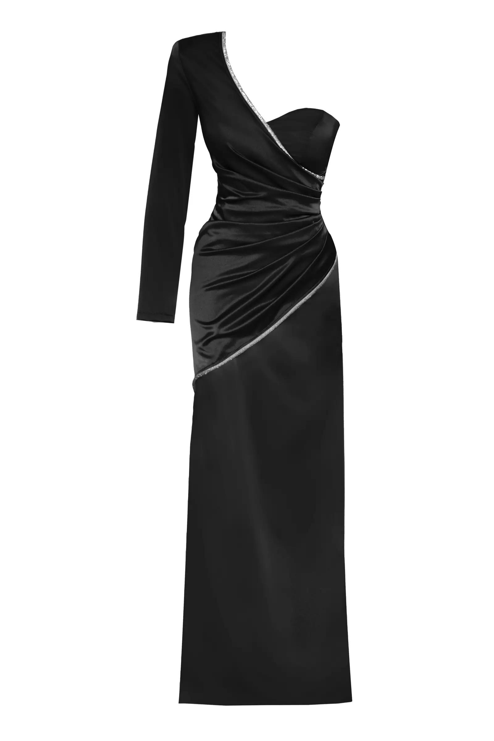 Black plus size satin one arm long dress