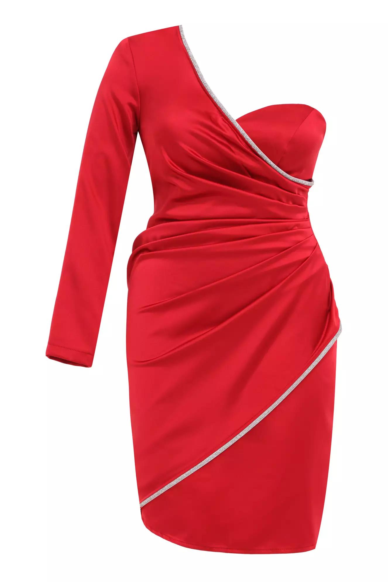 Red plus size satin one arm mini dress