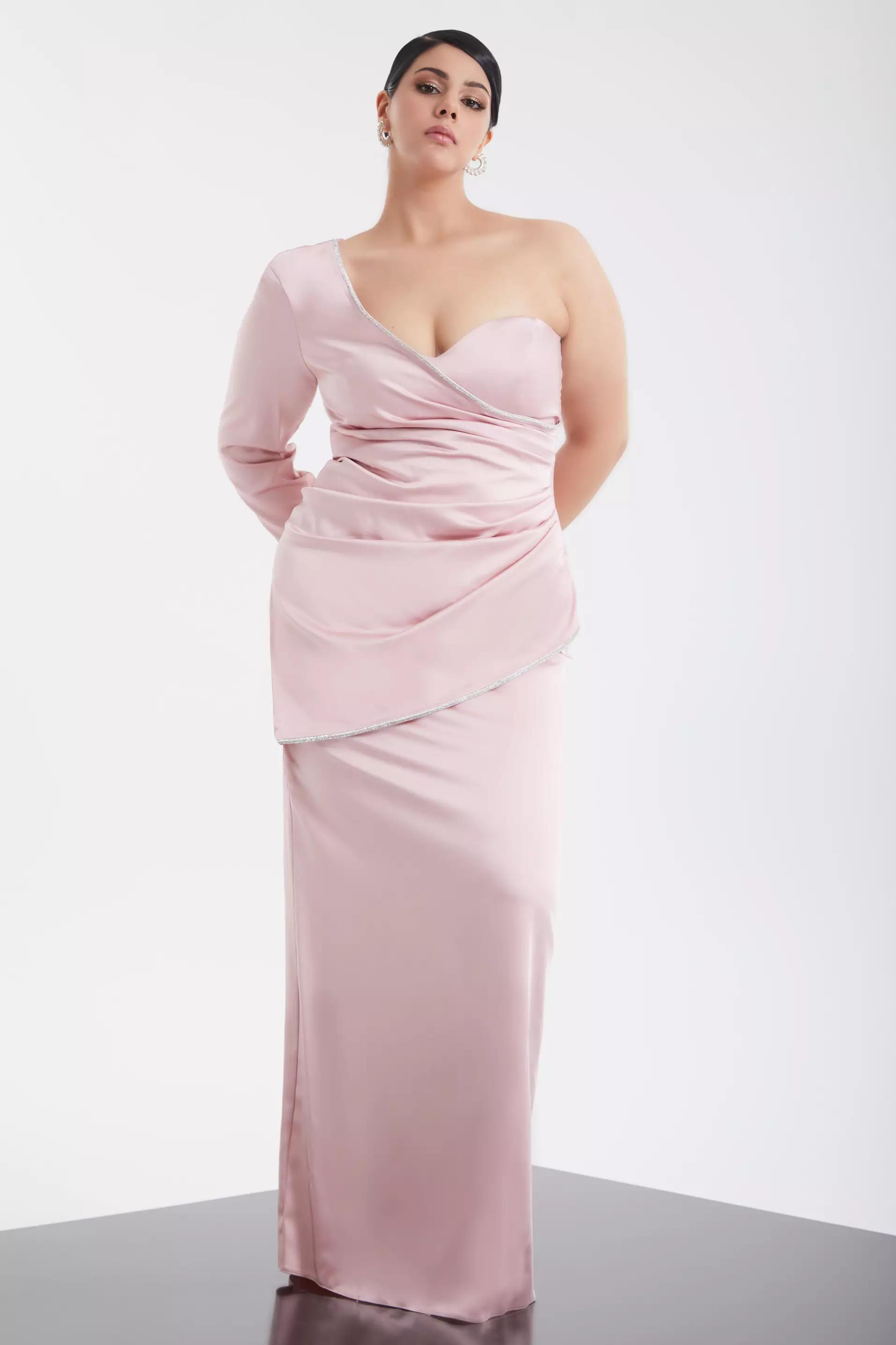 Blush plus size satin one arm long dress