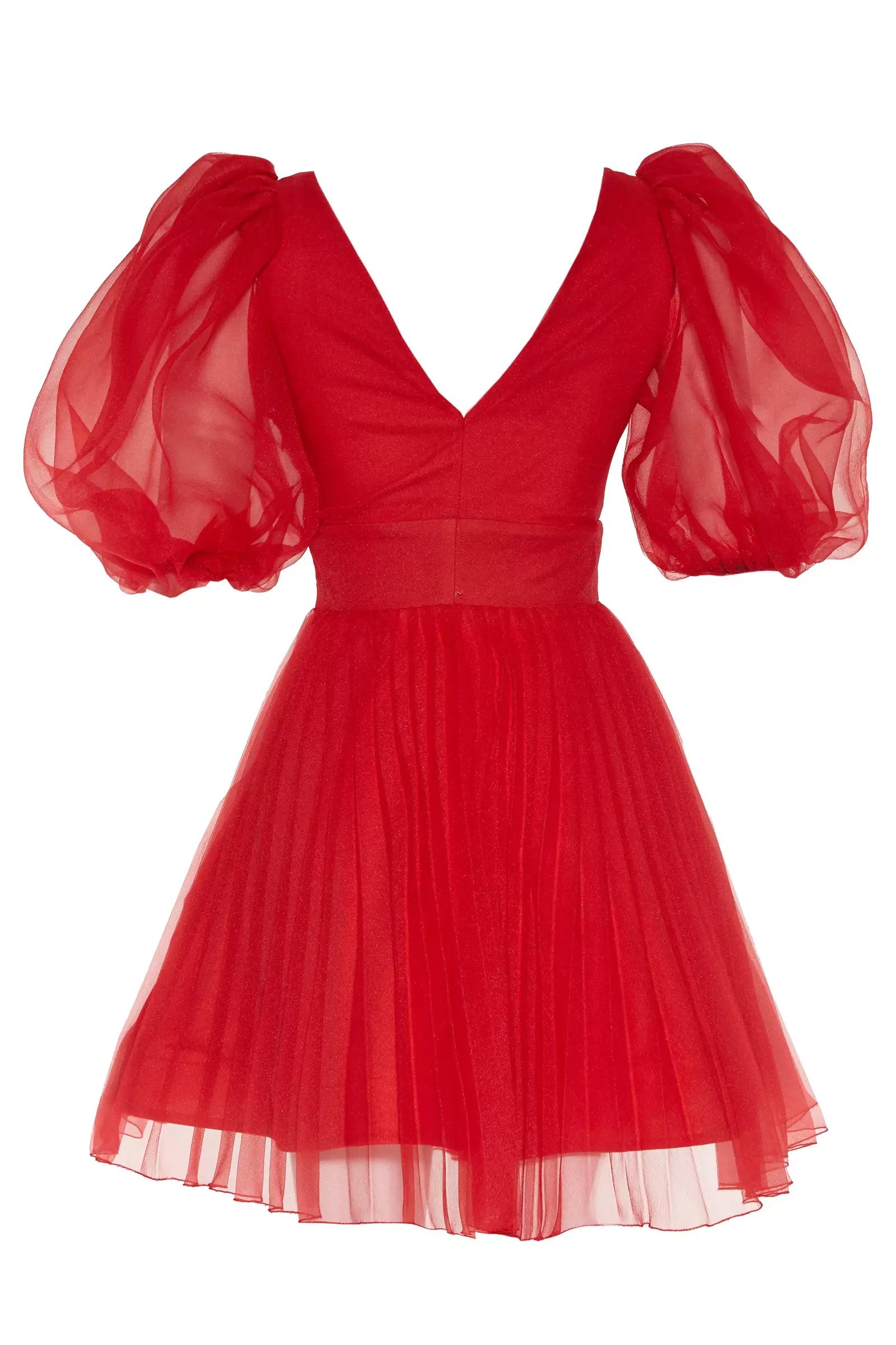 Red tulle short sleeve mini dress