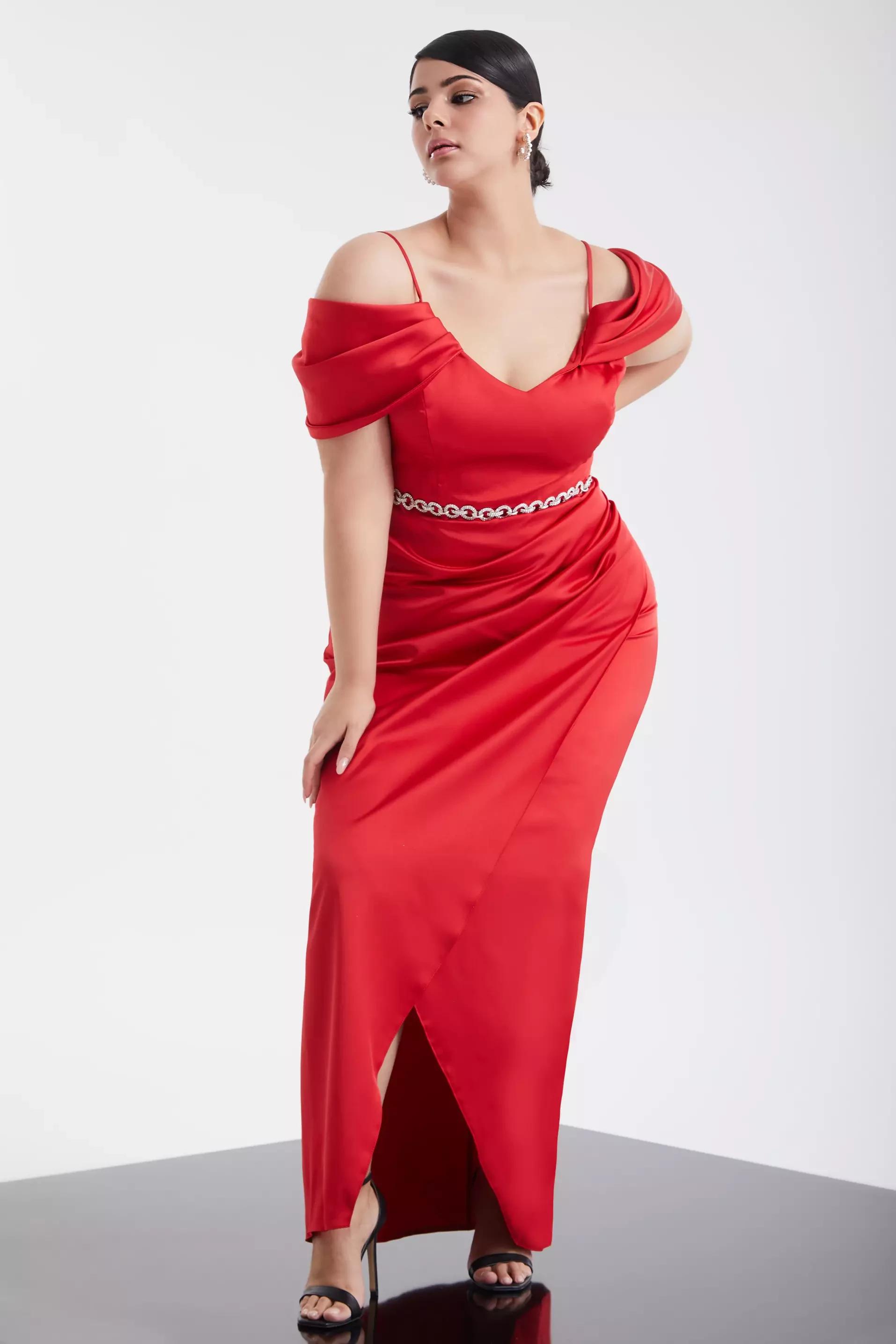 Red plus size satin sleeveless maxi dress