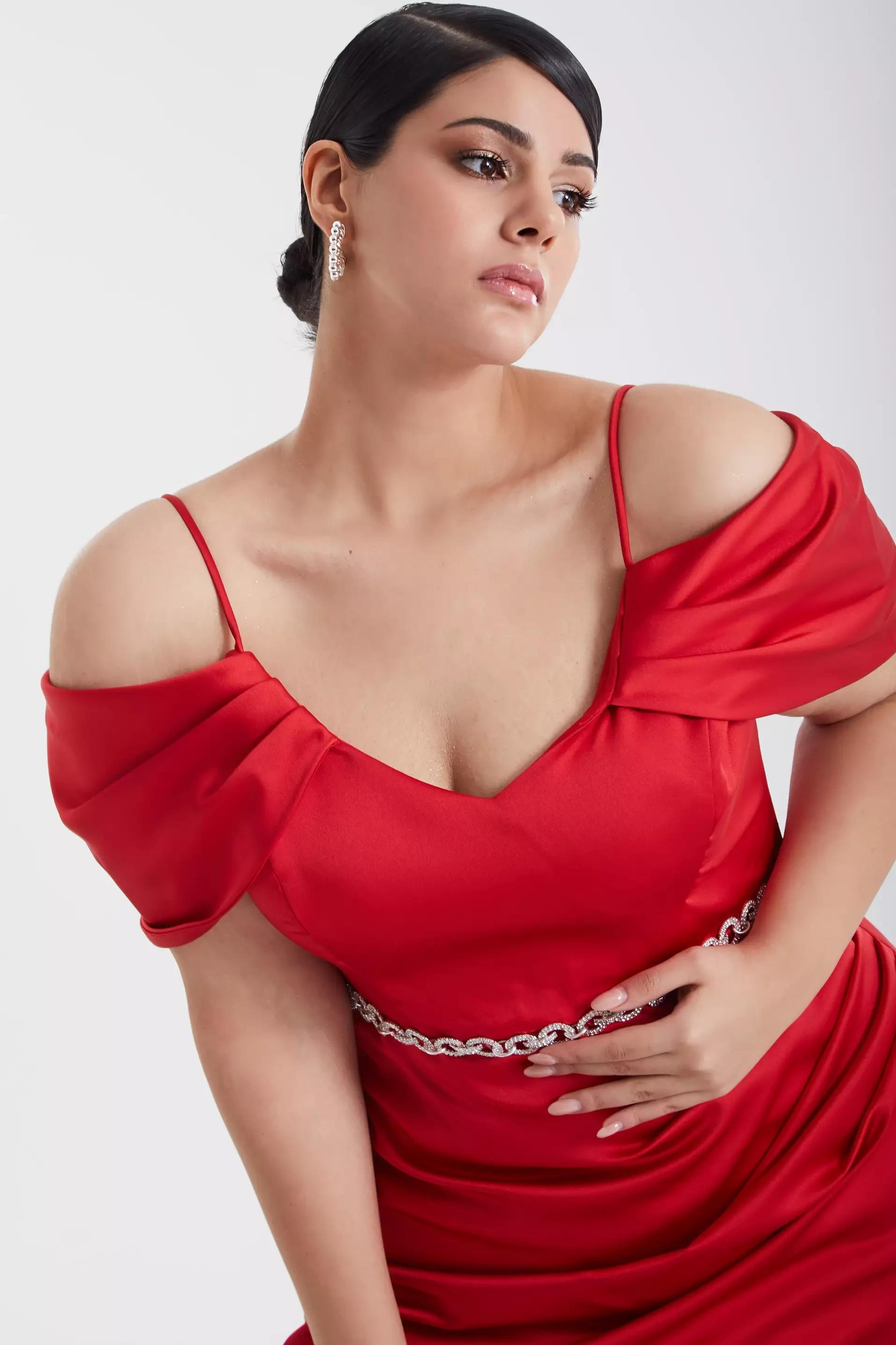 Red plus size satin sleeveless maxi dress