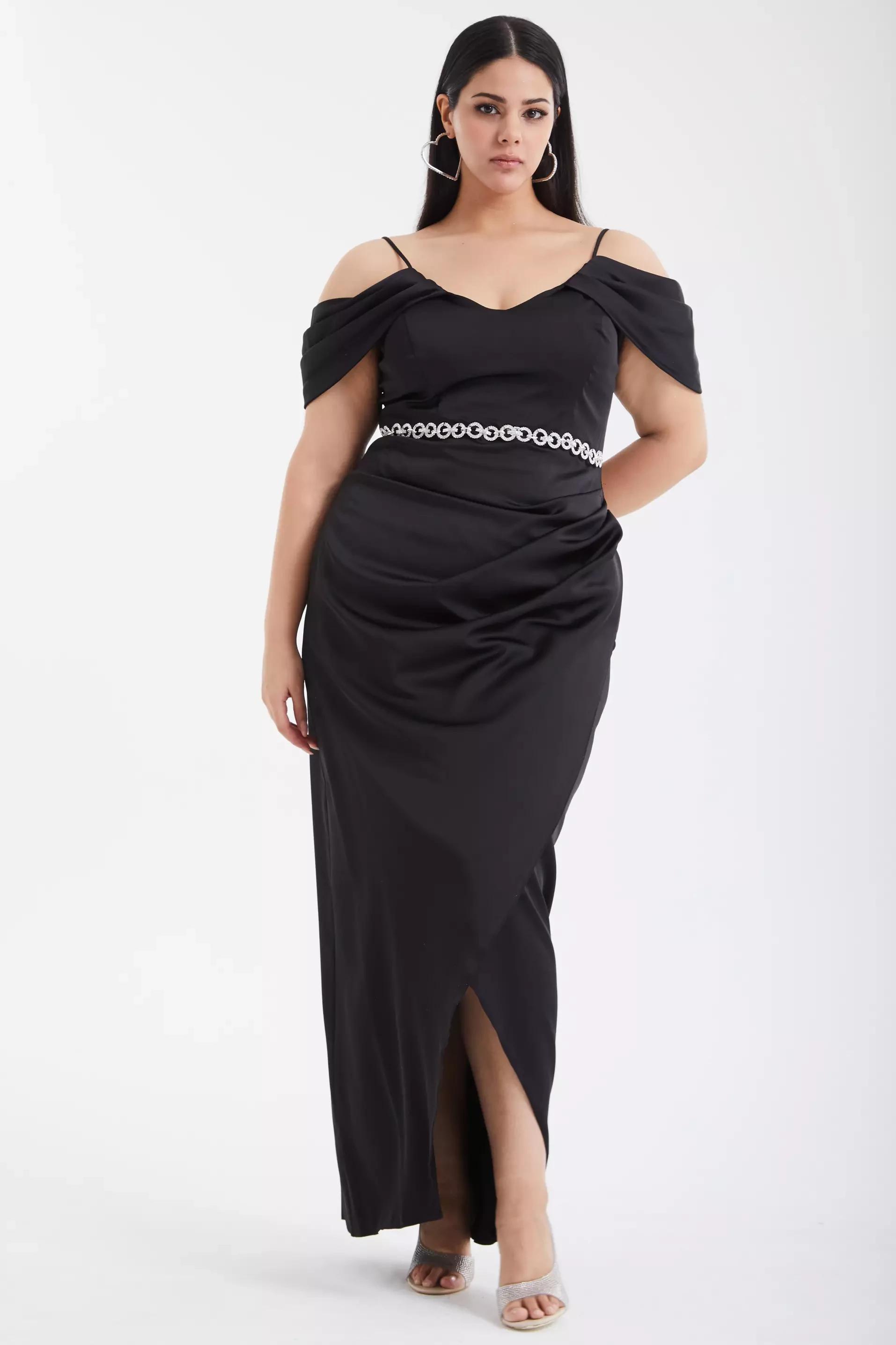 Black plus size satin sleeveless maxi dress