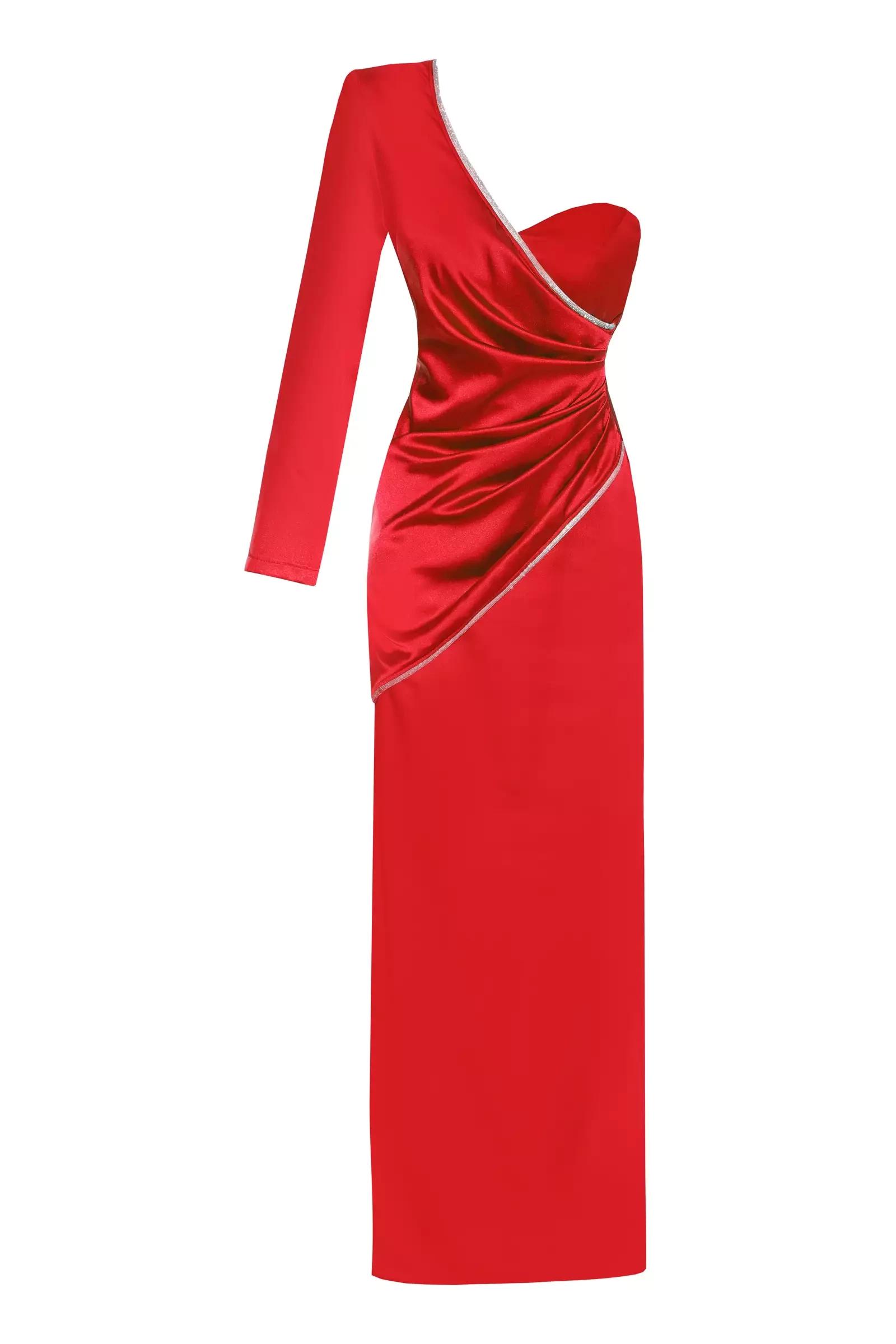 Red satin one arm long dress