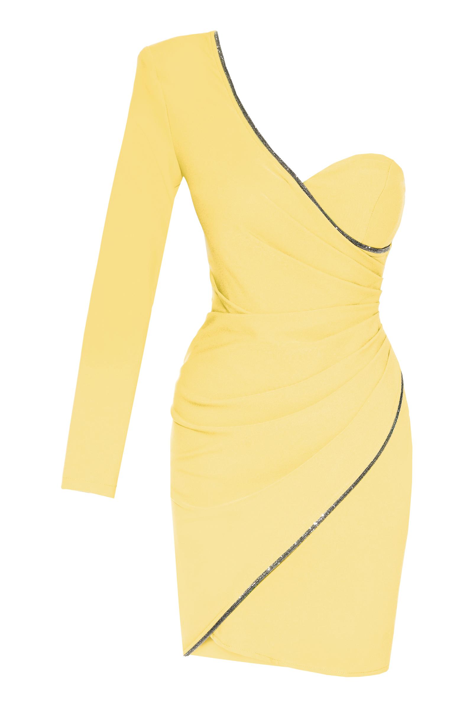 Yellow Crepe One Arm Mini Dress