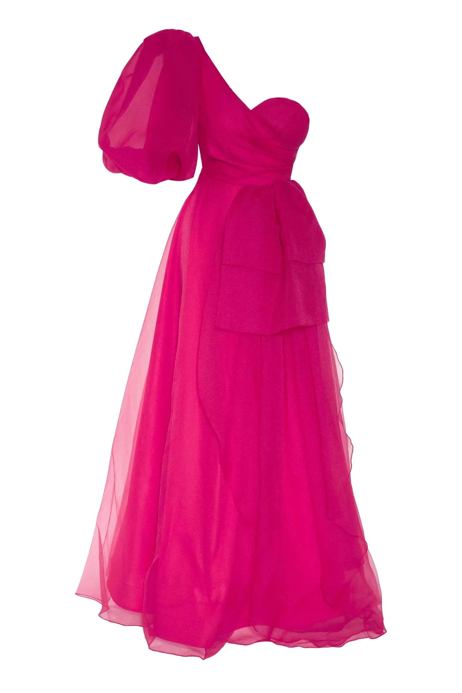 Fuchsia tulle one arm maxi dress