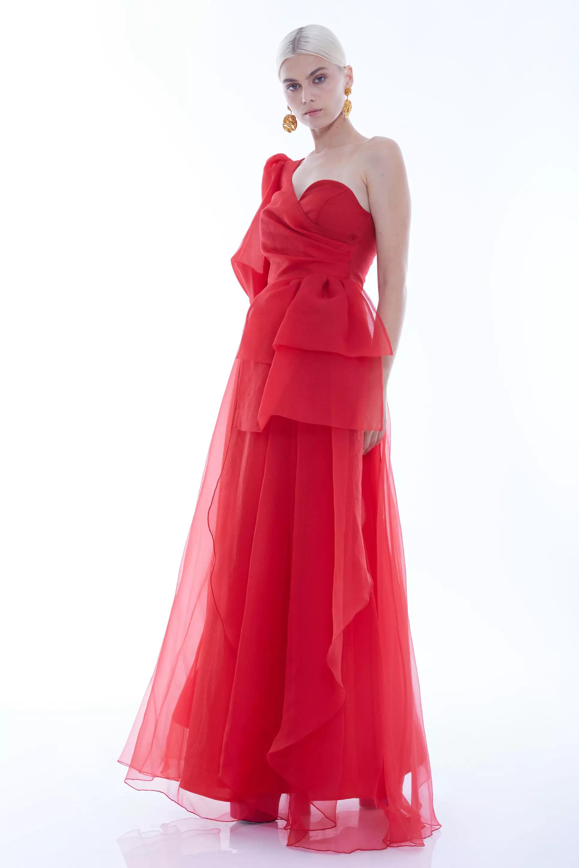 Red tulle one arm maxi dress