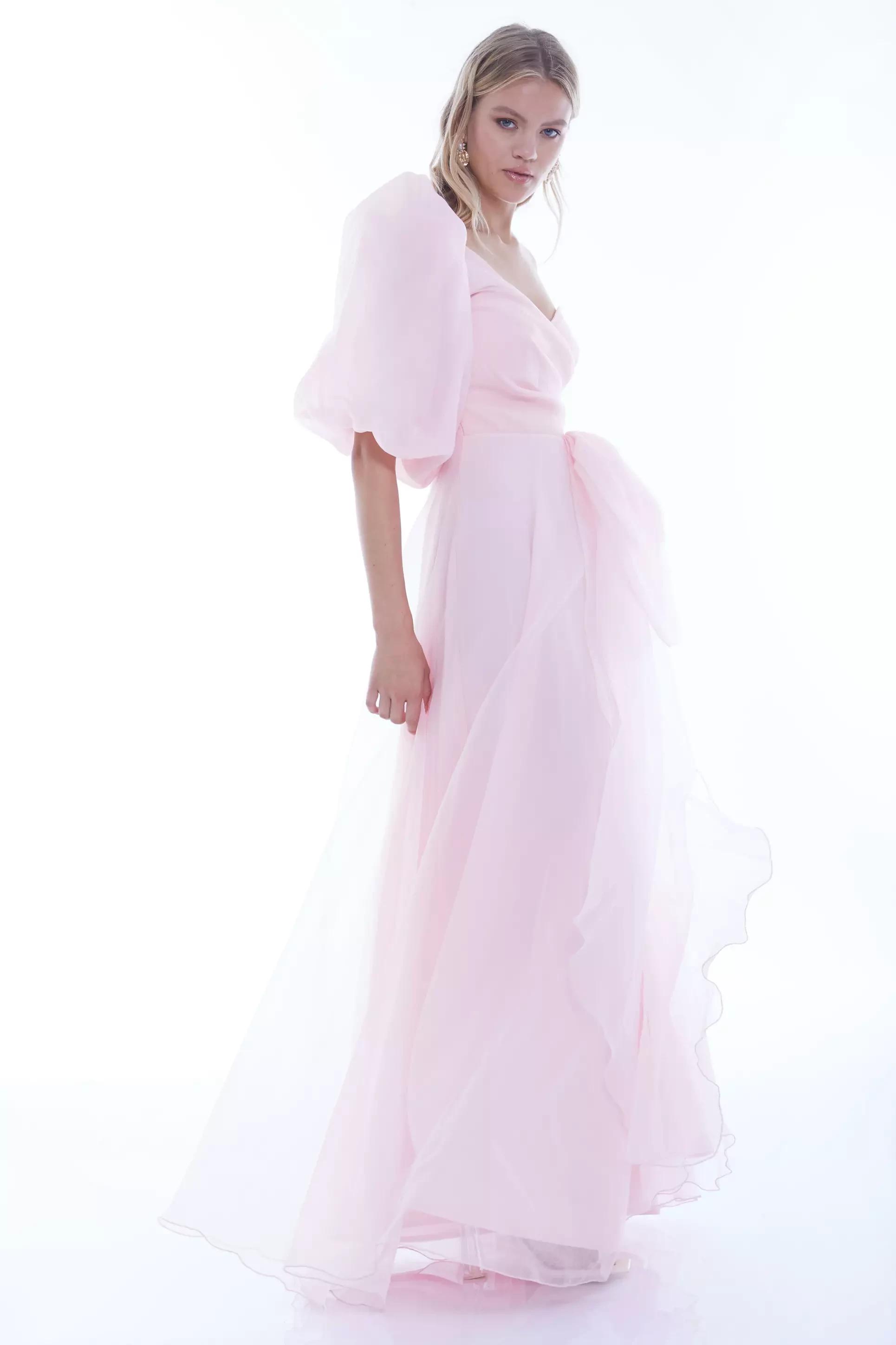 Blush tulle one arm maxi dress