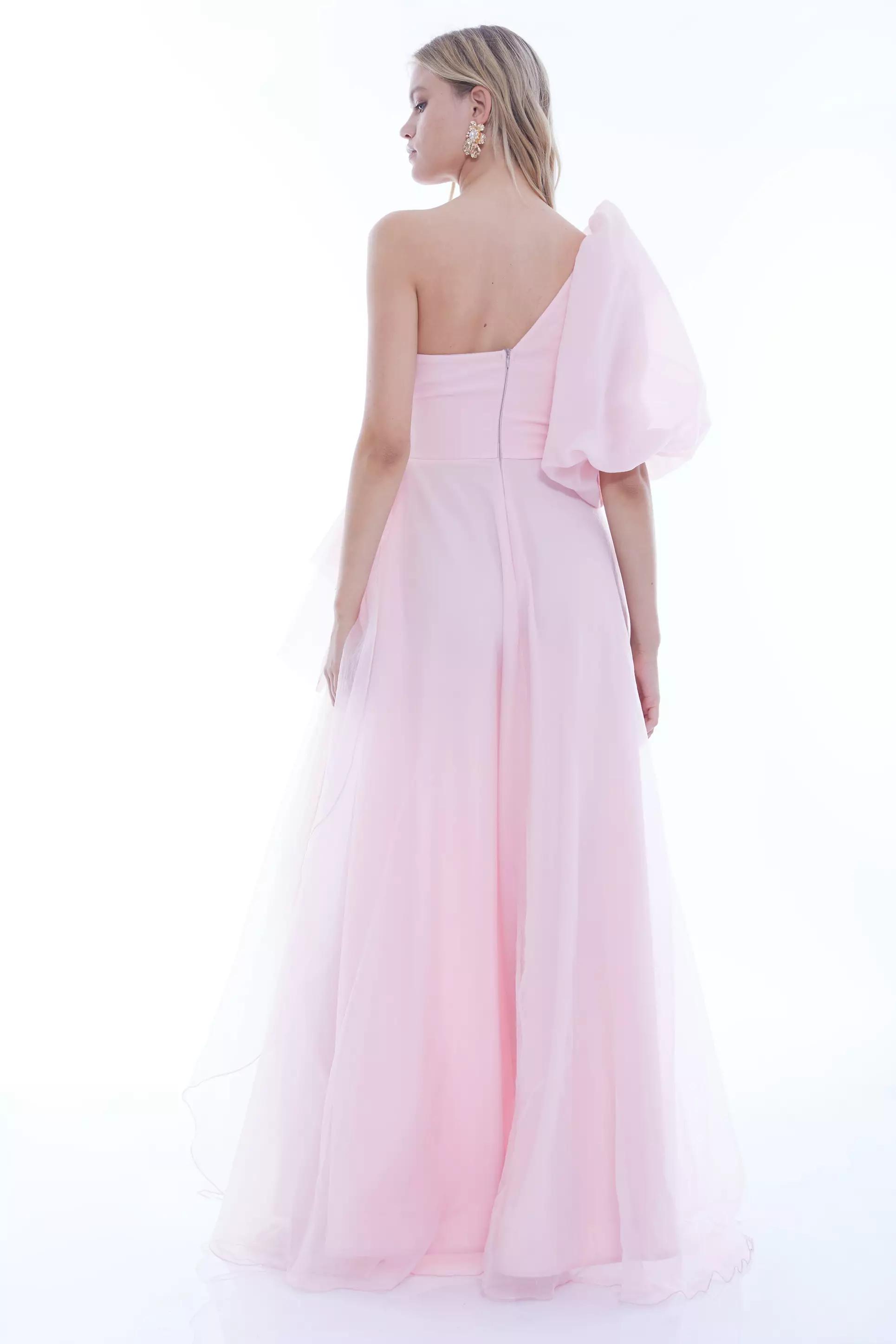 Blush tulle one arm maxi dress