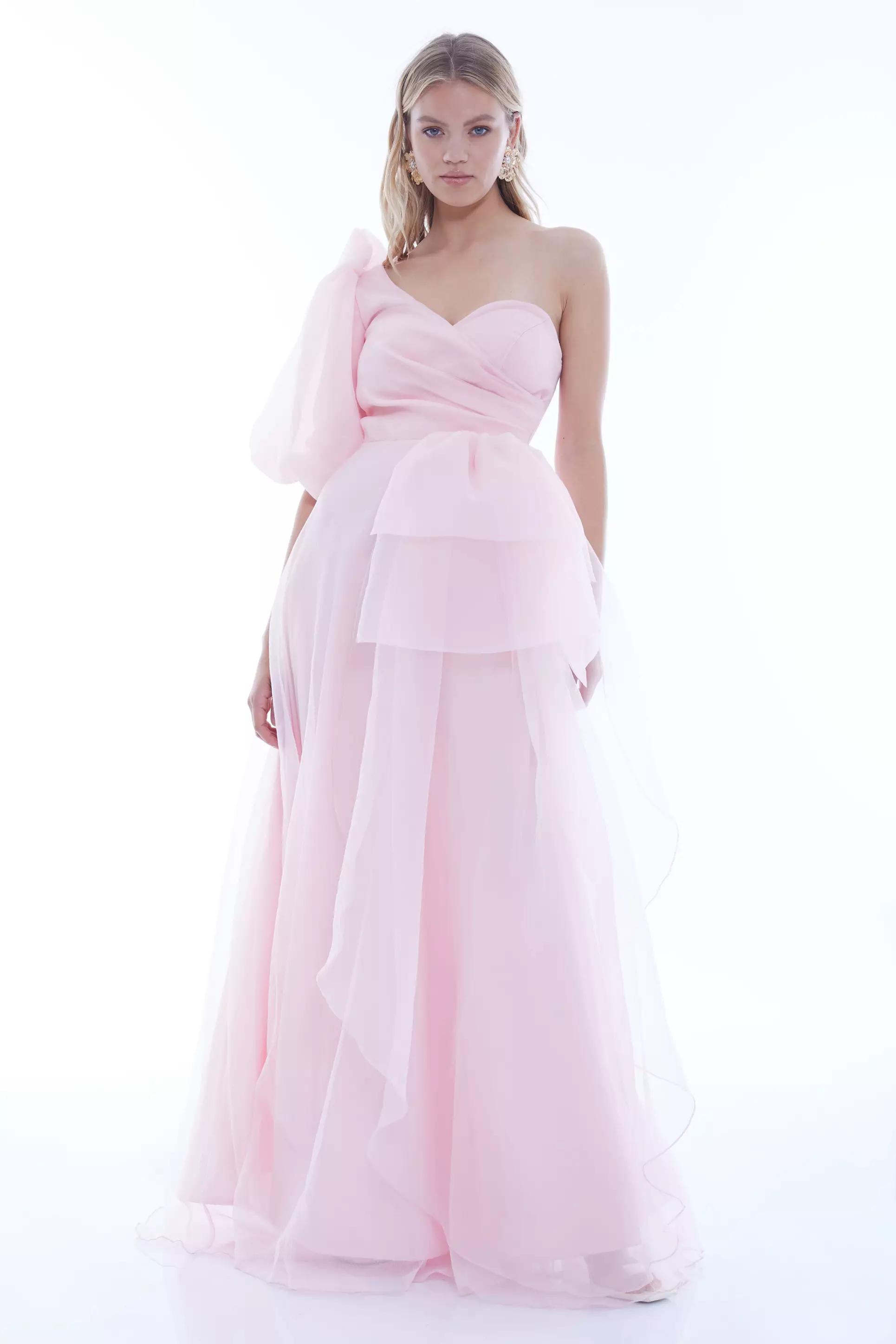 Blush tulle one arm maxi dress