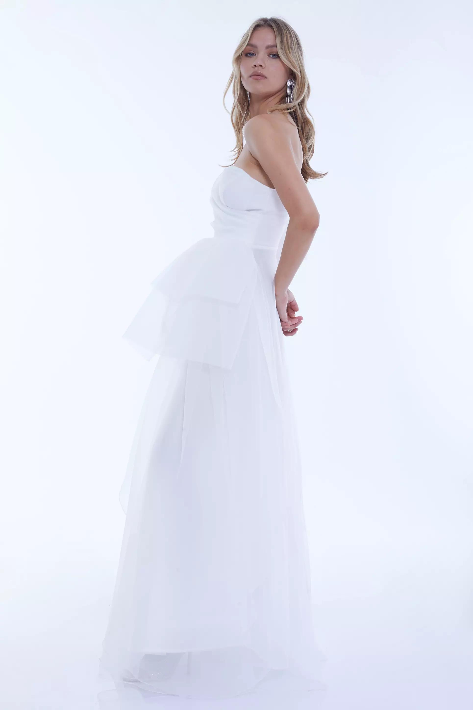 White tulle one arm maxi dress