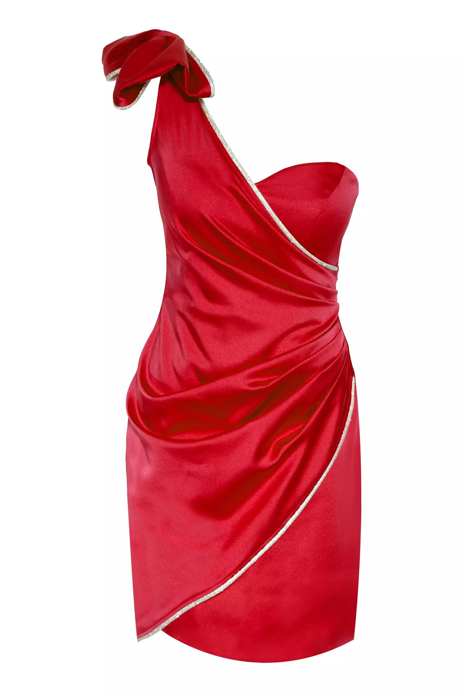 Red satin one arm mini dress