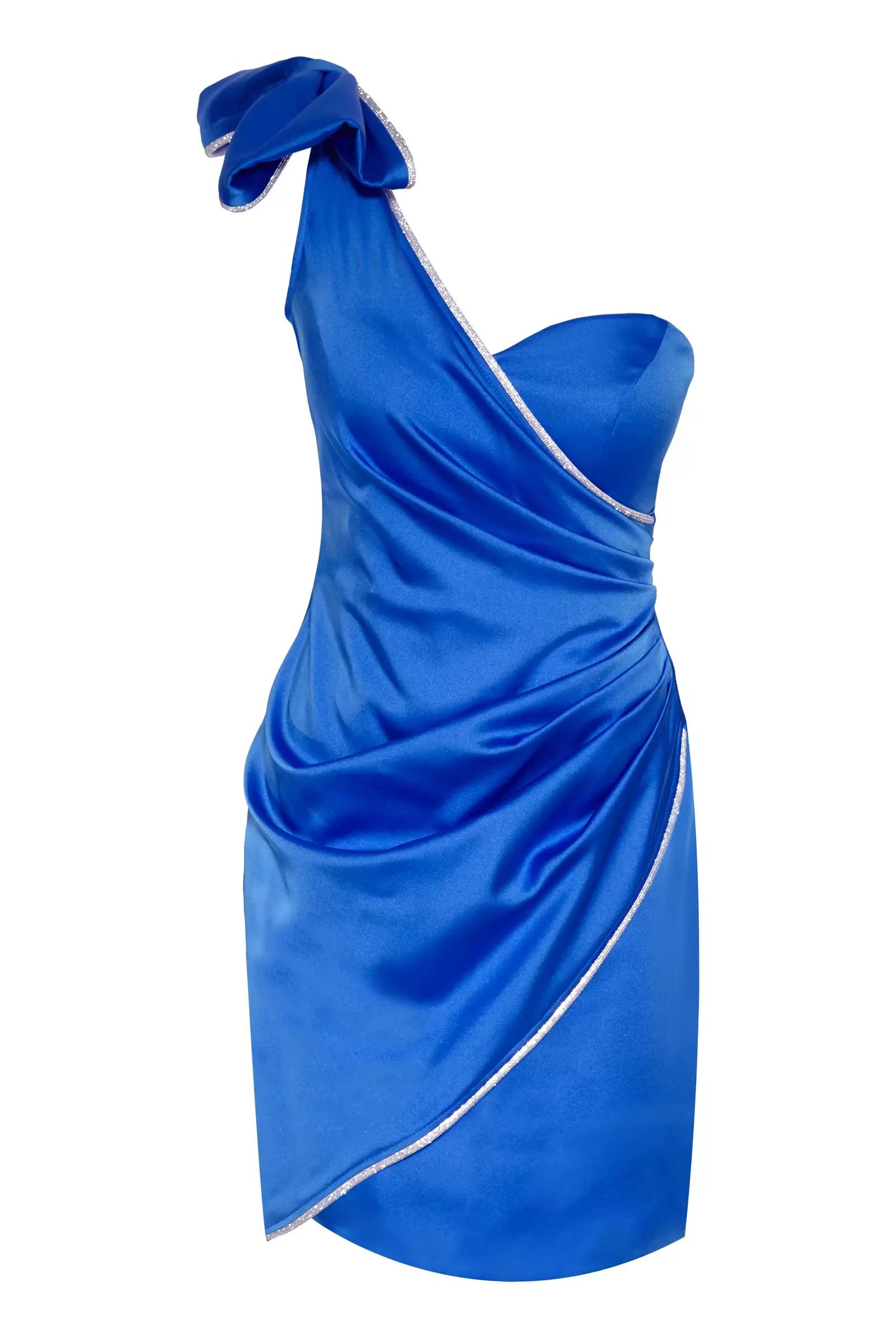 Blue satin one arm mini dress