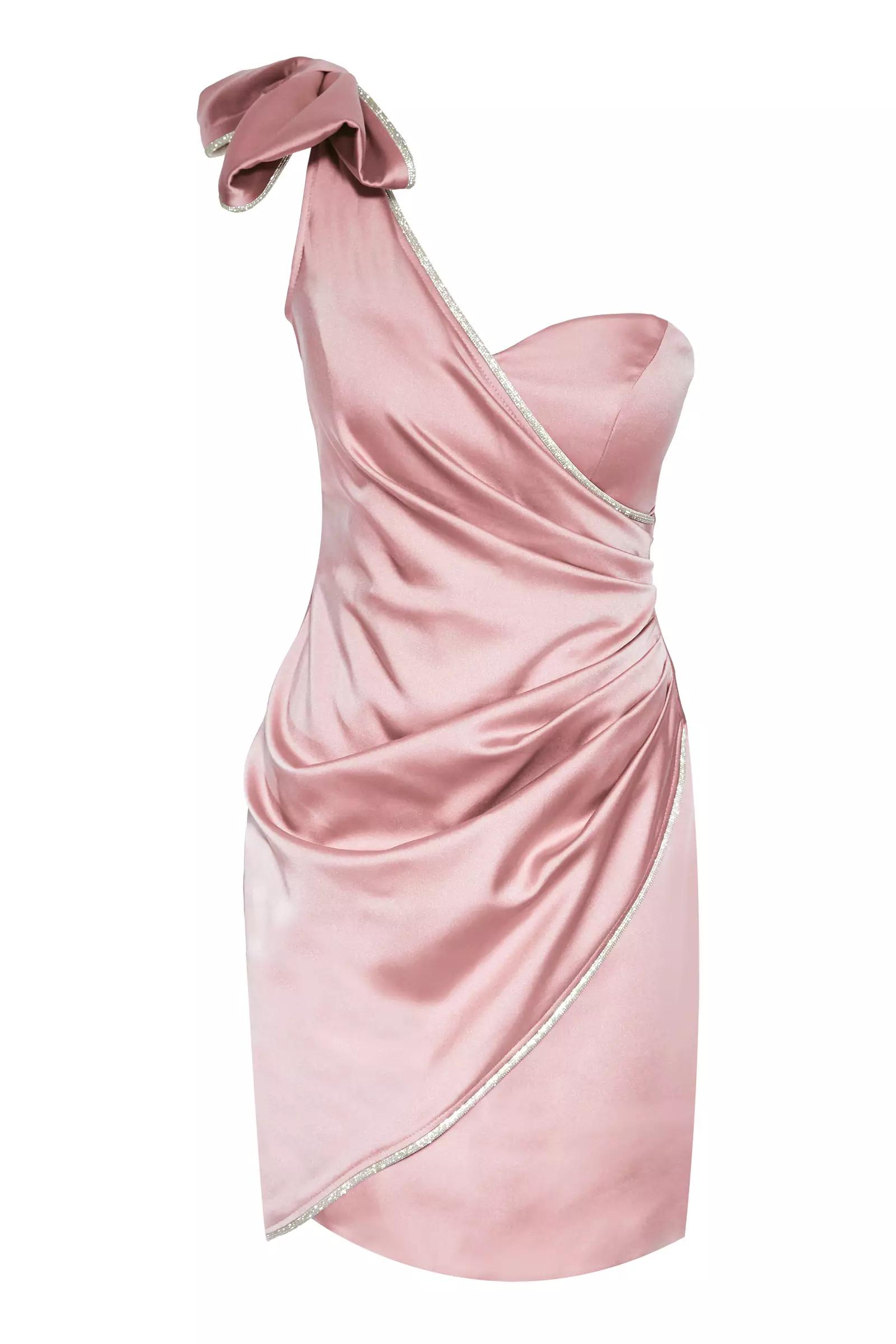 Blush satin one arm mini dress