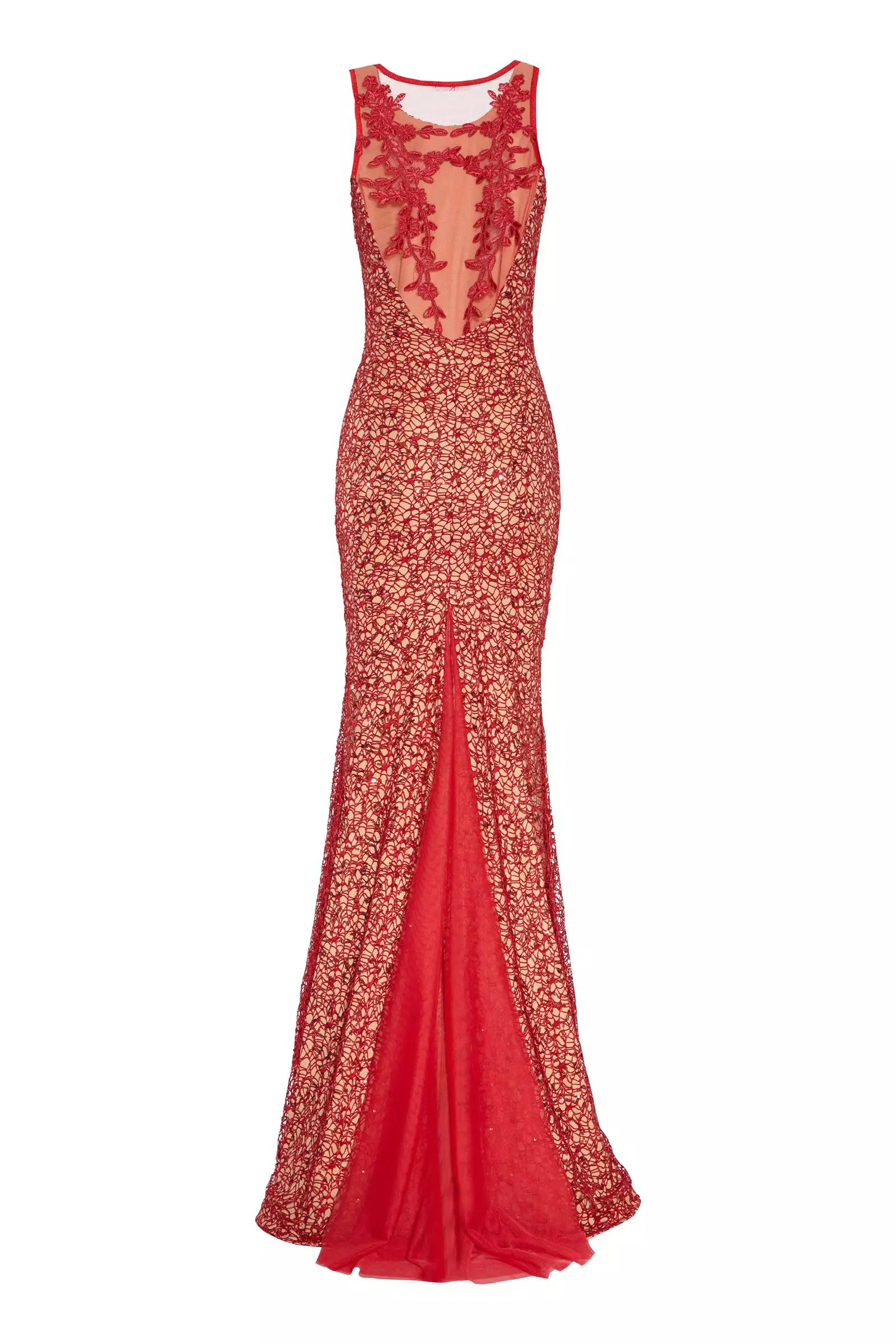 Red lace sleeveless maxi dress