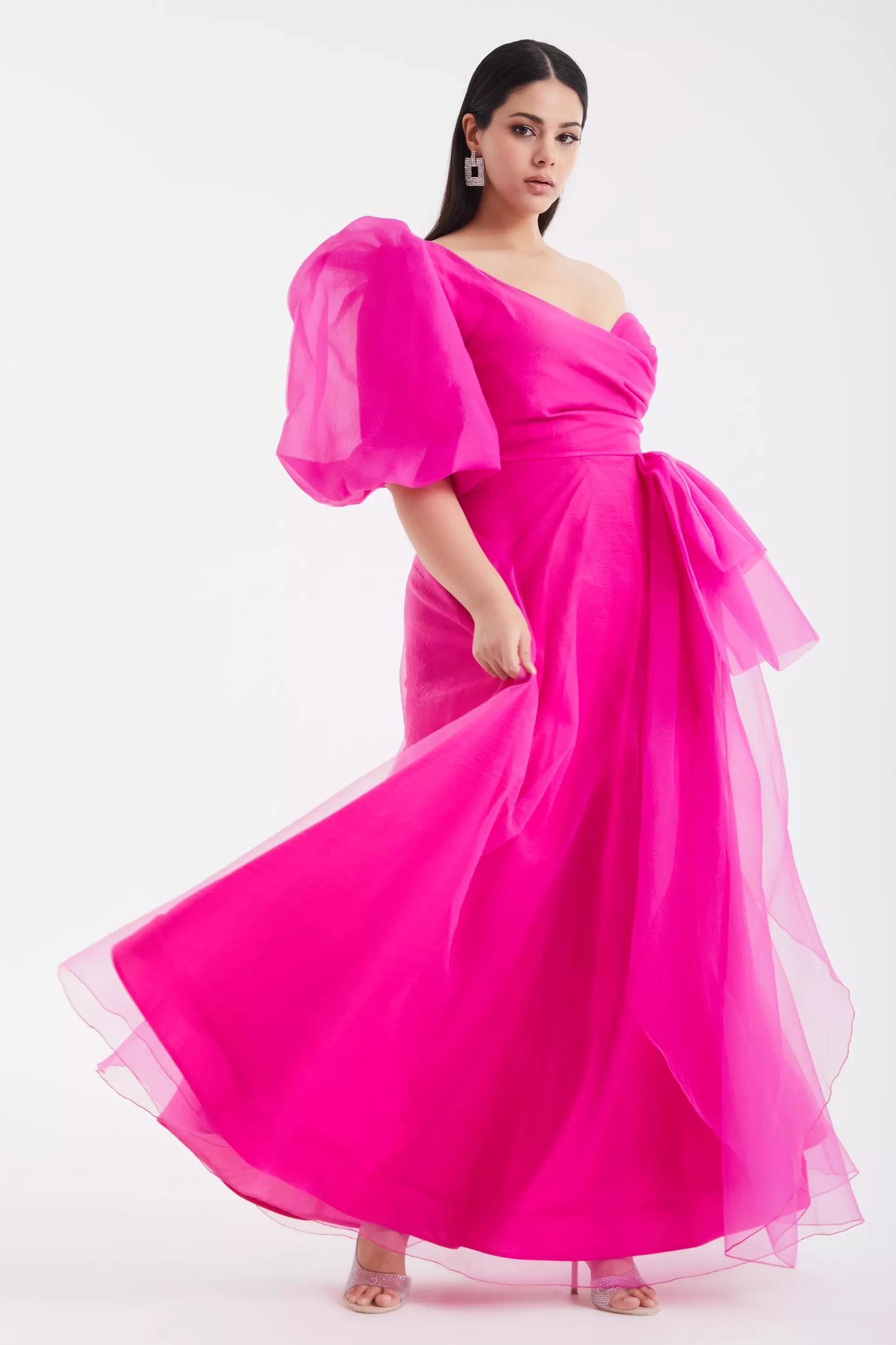 Fuchsia plus size tulle one arm maxi dress