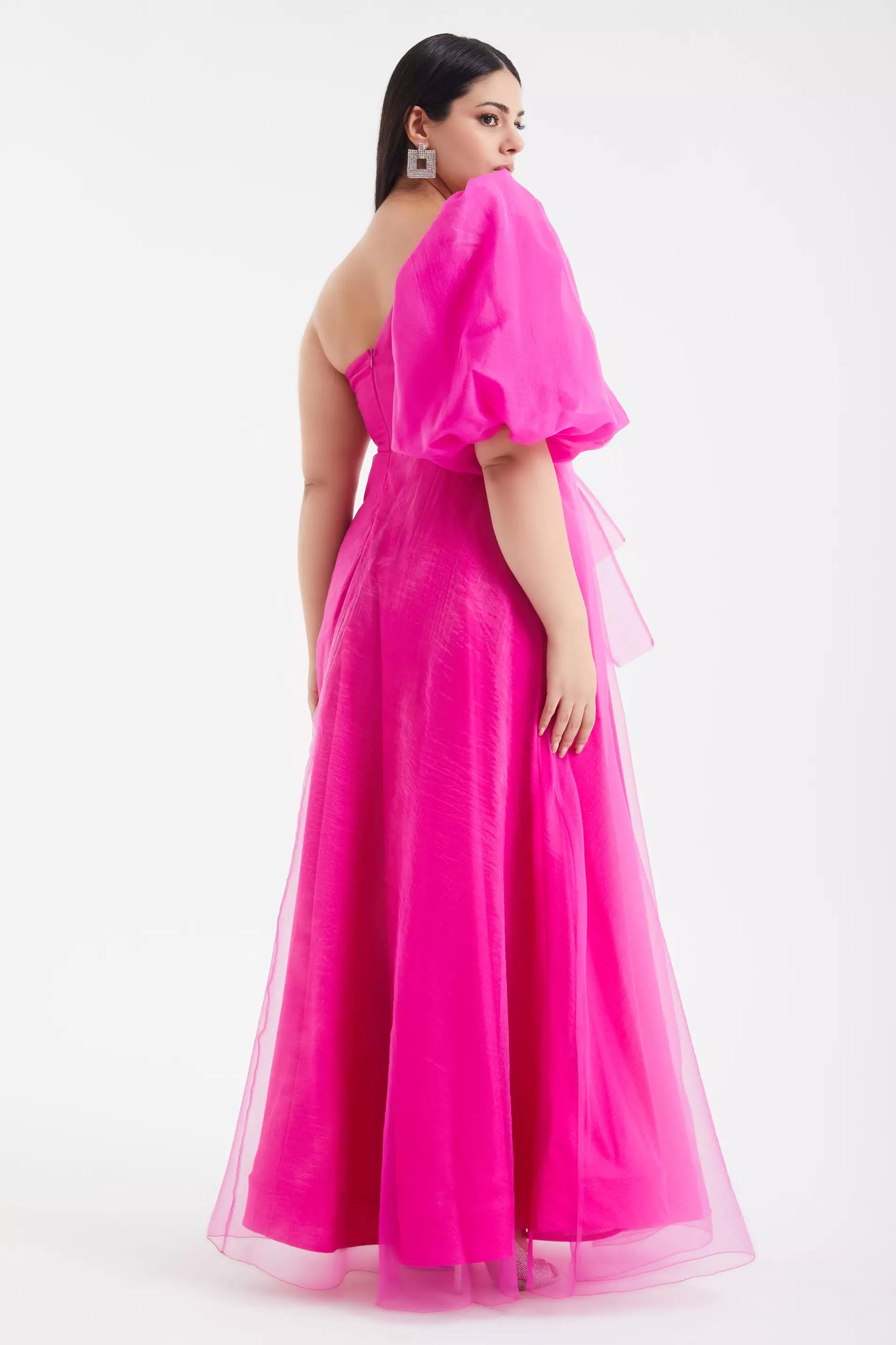 Fuchsia plus size tulle one arm maxi dress