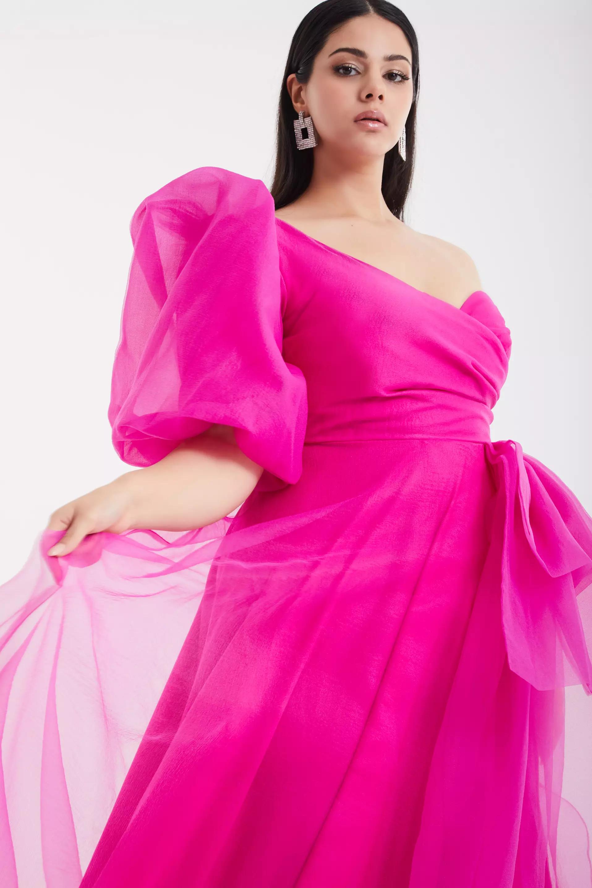 Fuchsia plus size tulle one arm maxi dress