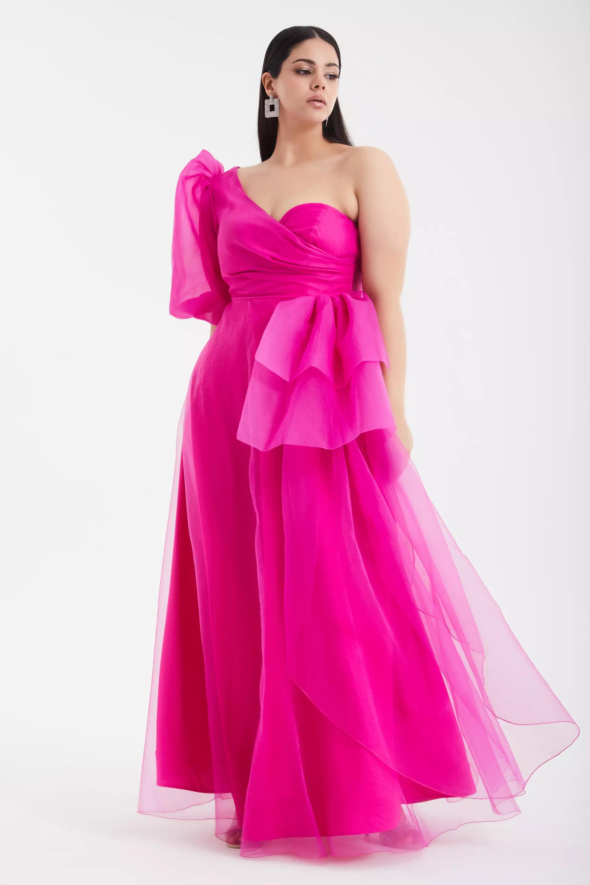 Fuchsia plus size tulle one arm maxi dress