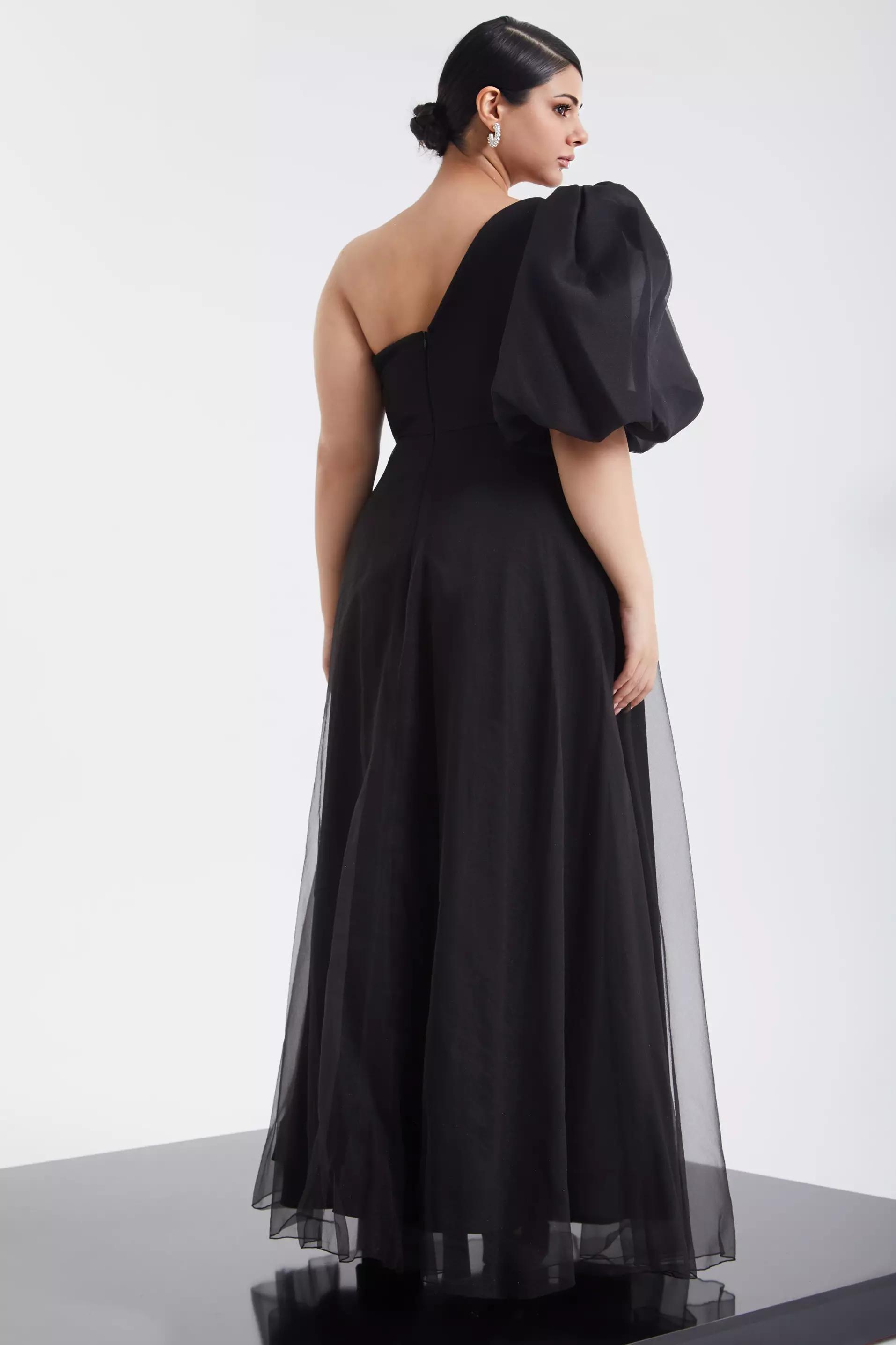 Black plus size tulle one arm maxi dress