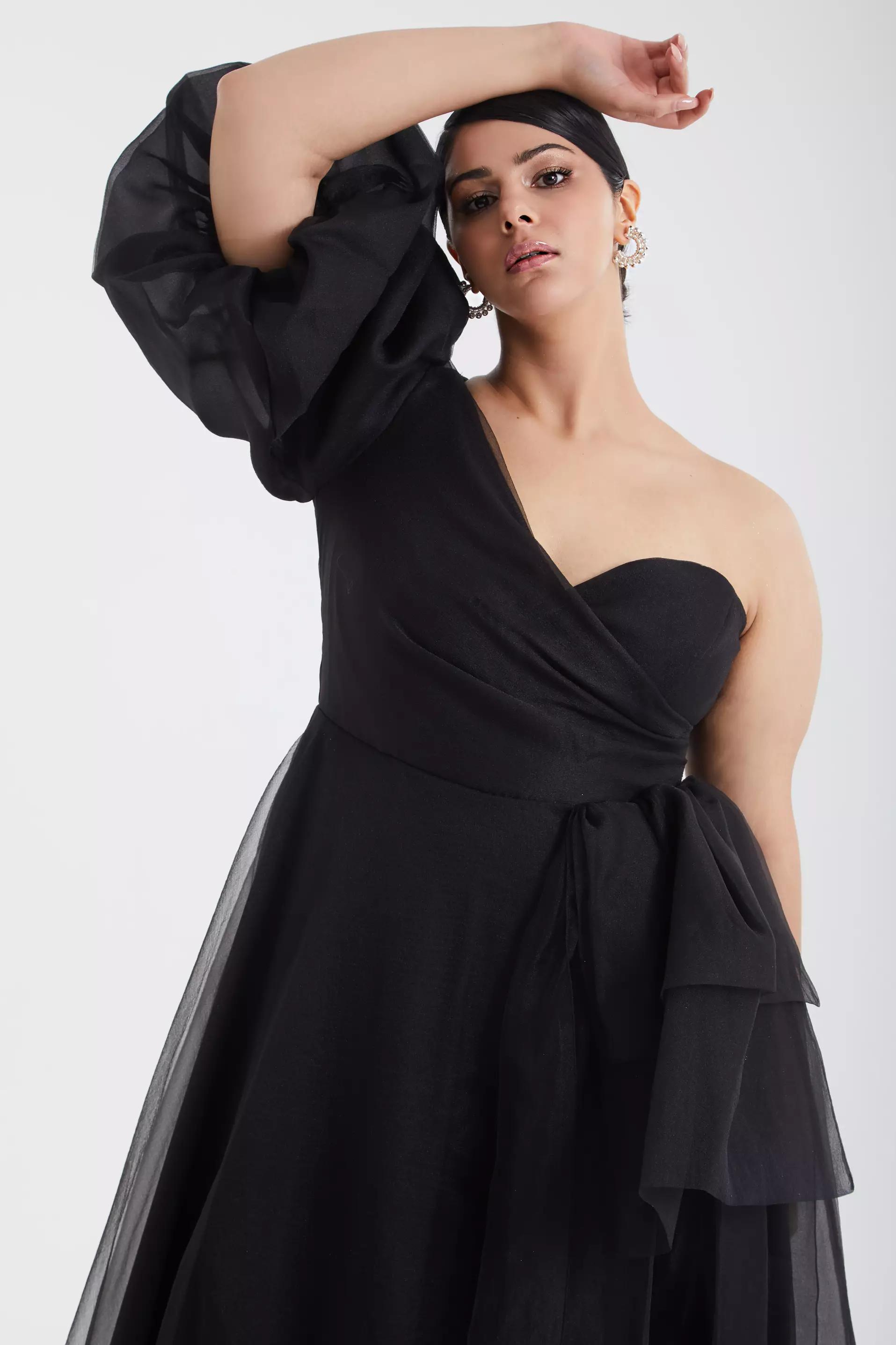 Black plus size tulle one arm maxi dress