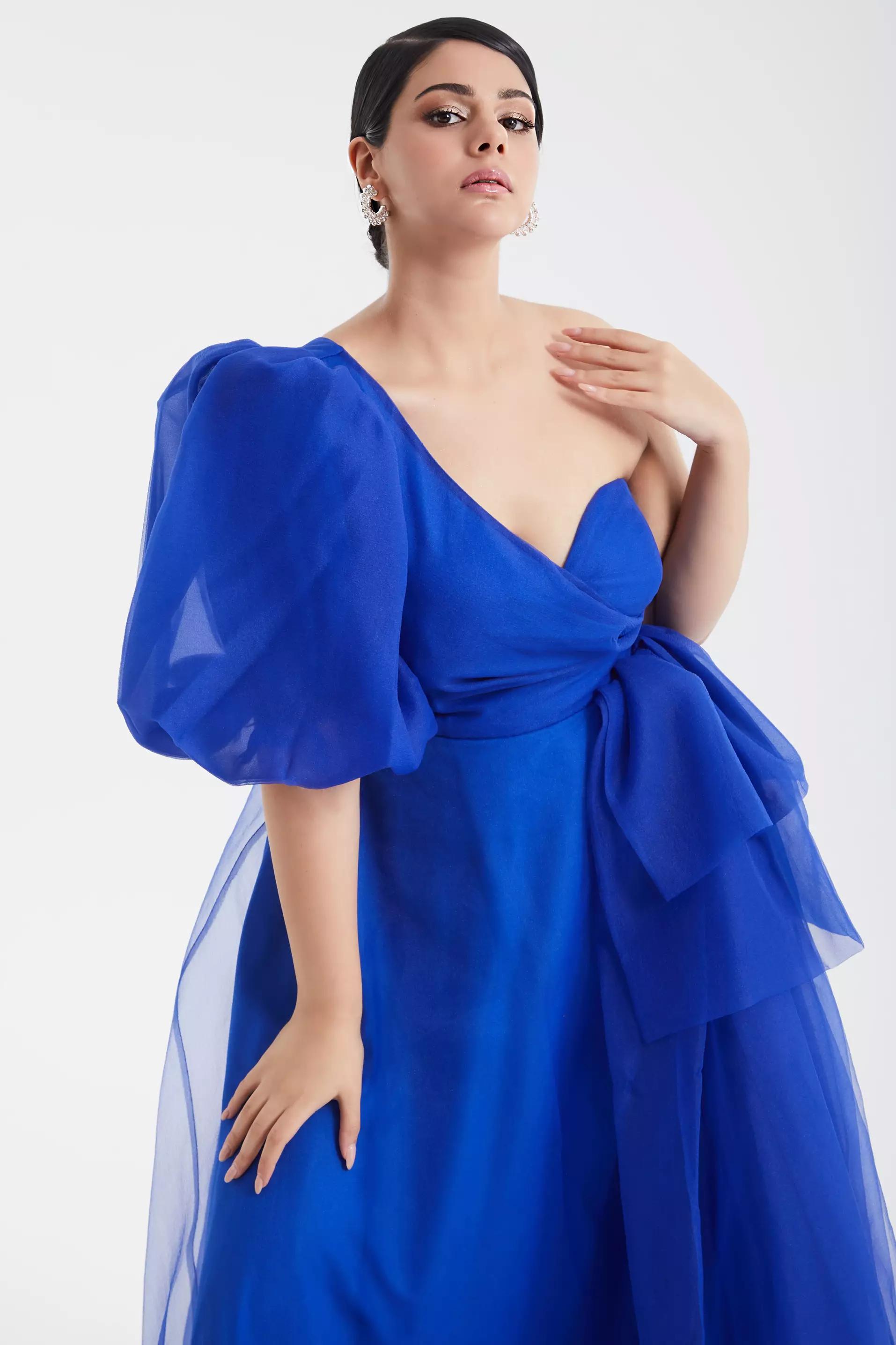 Blue plus size tulle one arm maxi dress