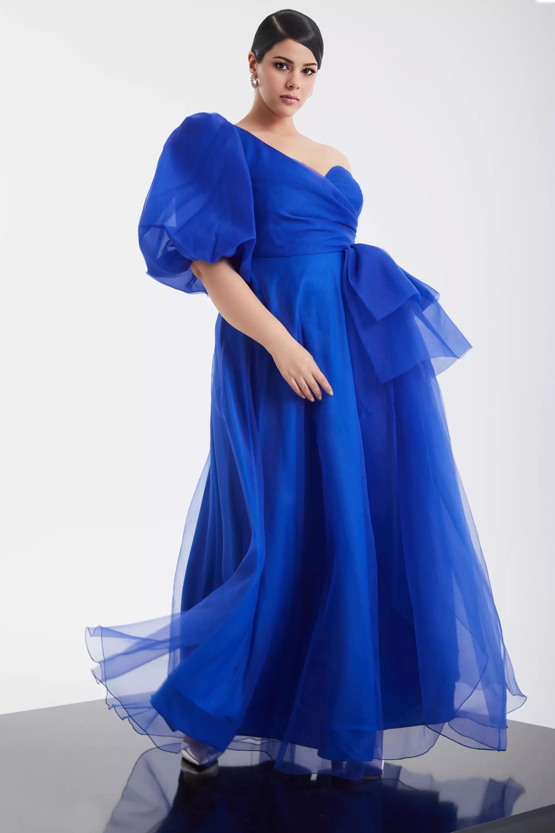 Blue plus size tulle one arm maxi dress