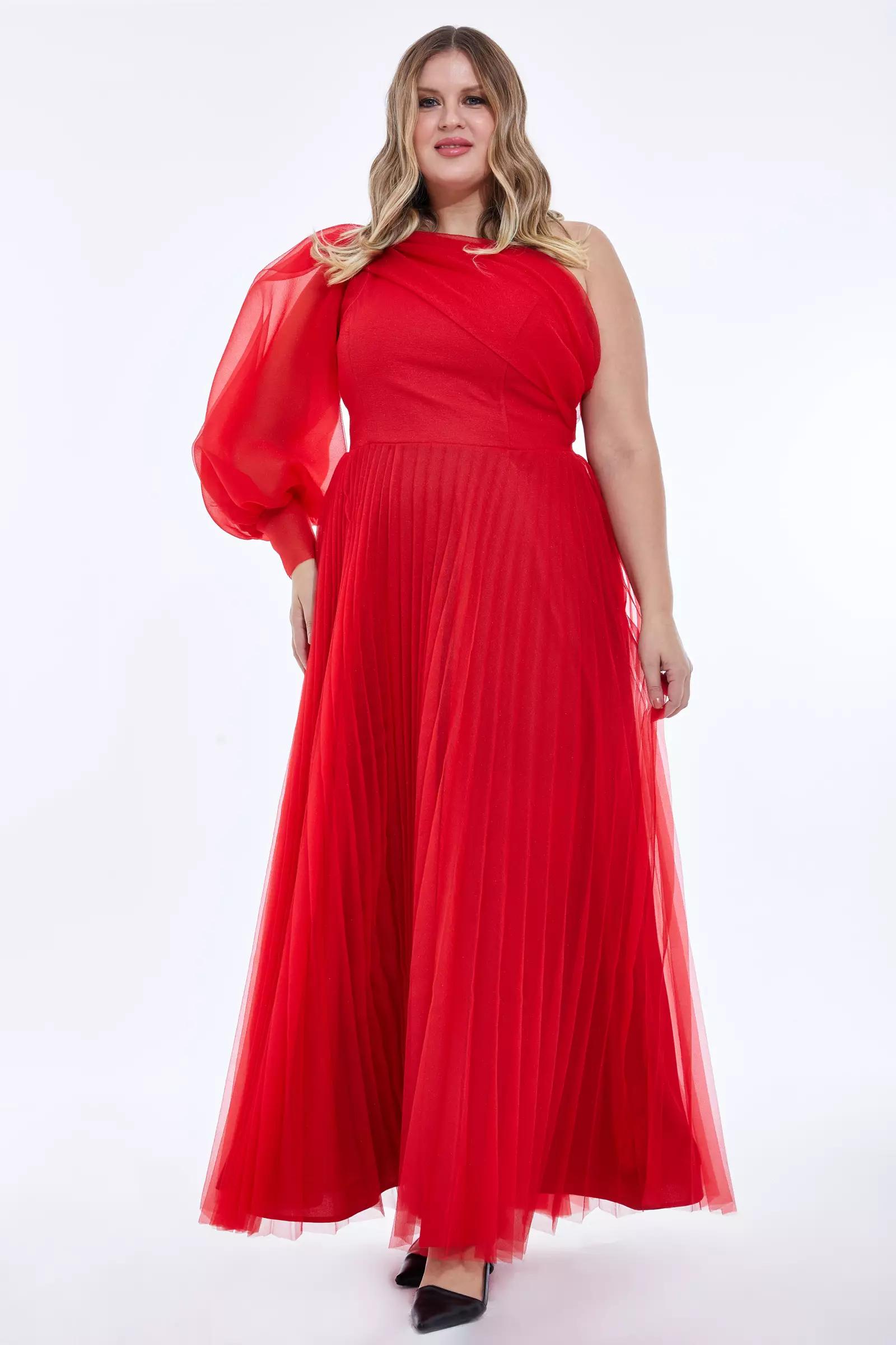 Red plus size tulle one arm long dress