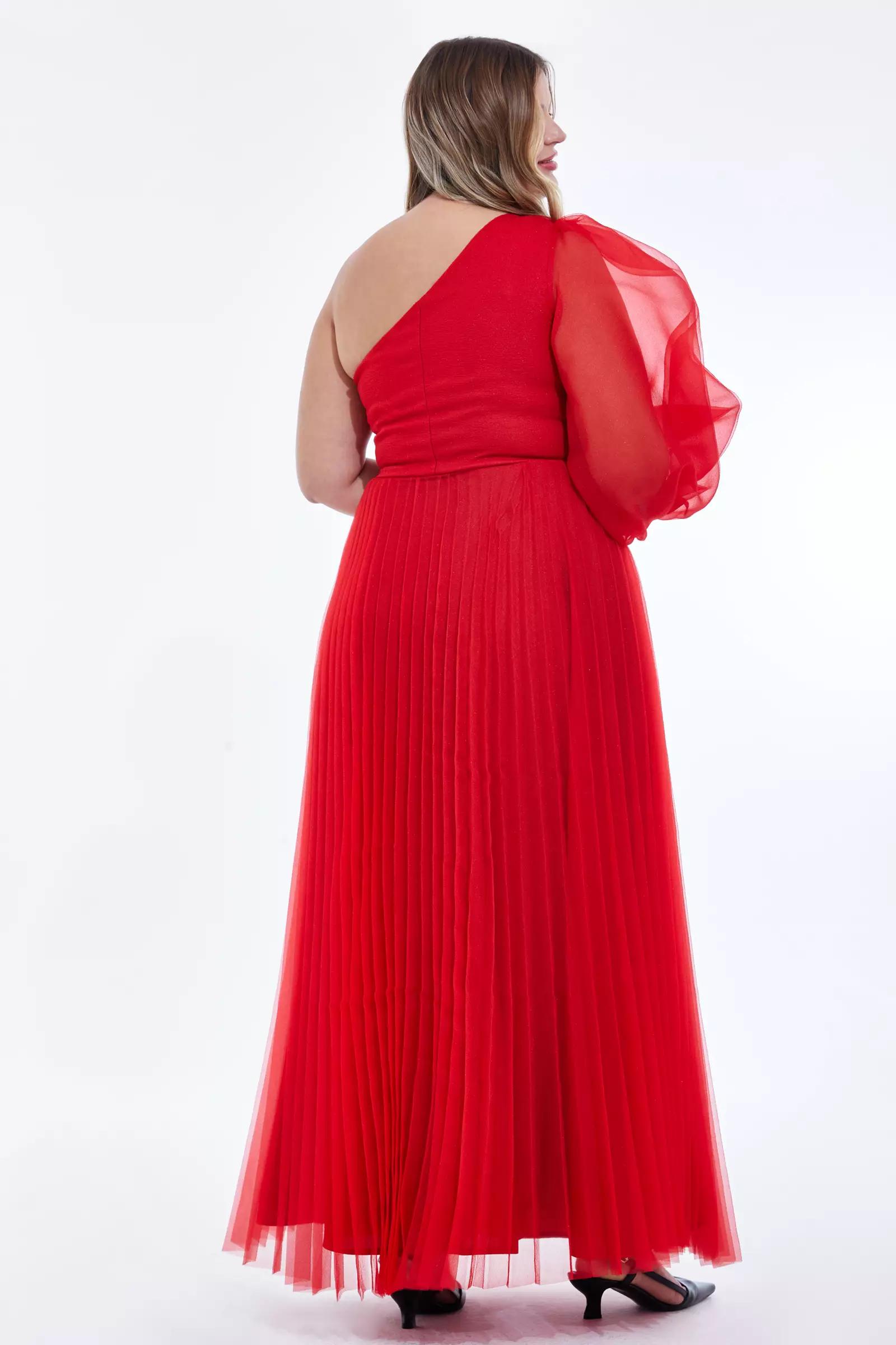 Red plus size tulle one arm long dress