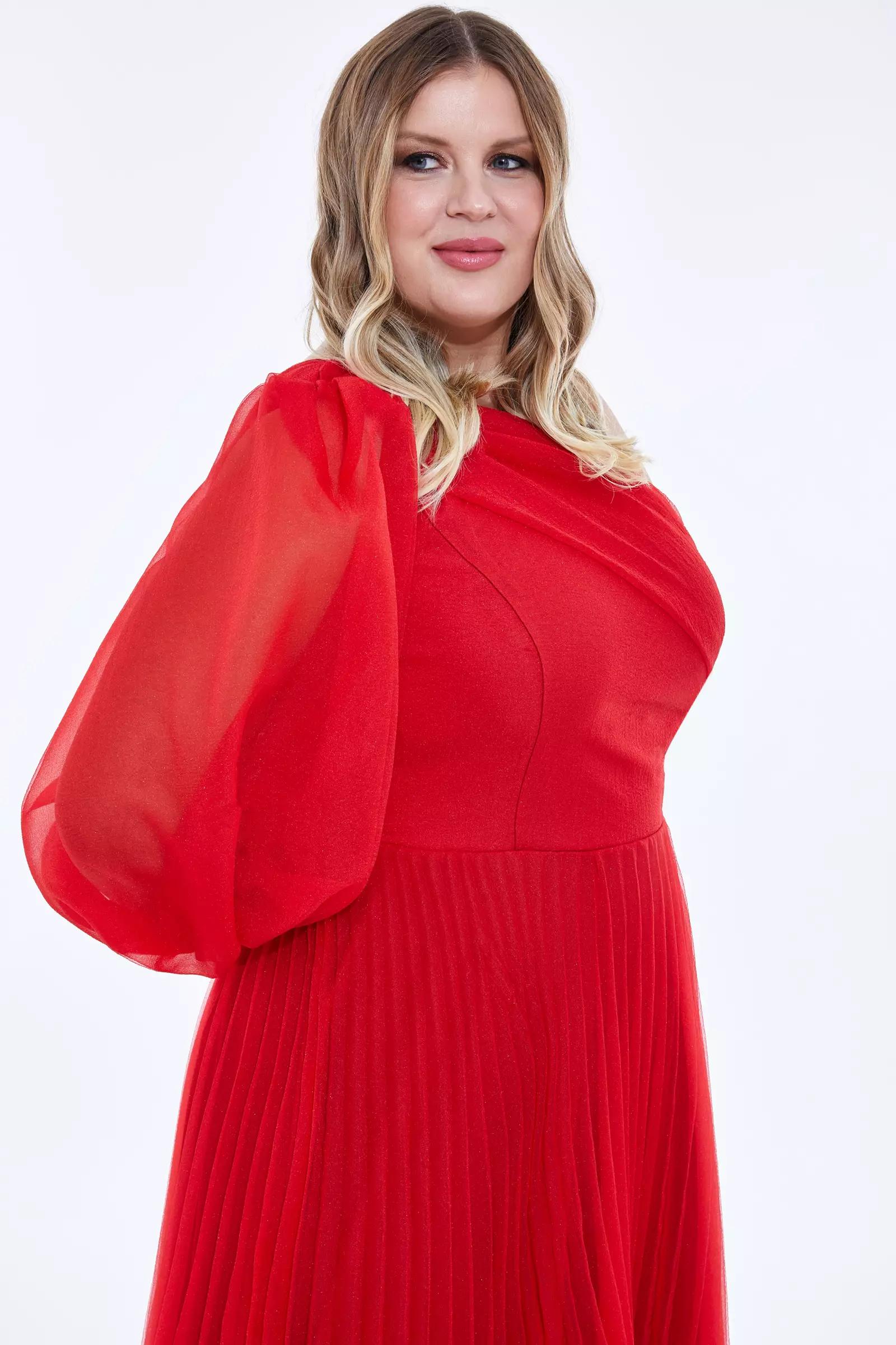 Red plus size tulle one arm long dress