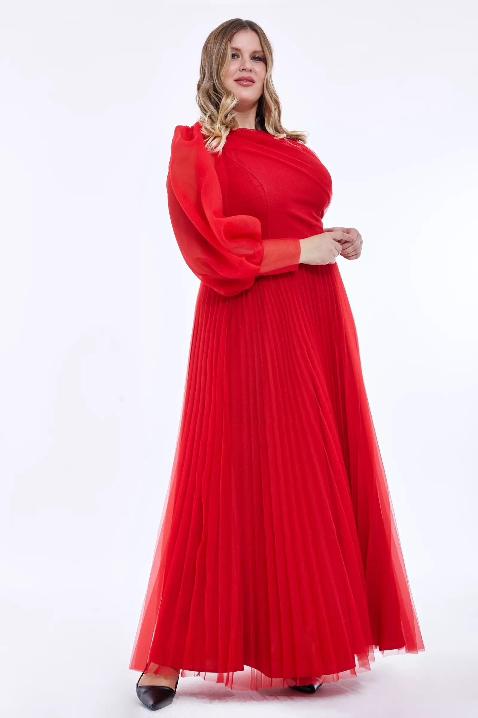 Red plus size tulle one arm long dress